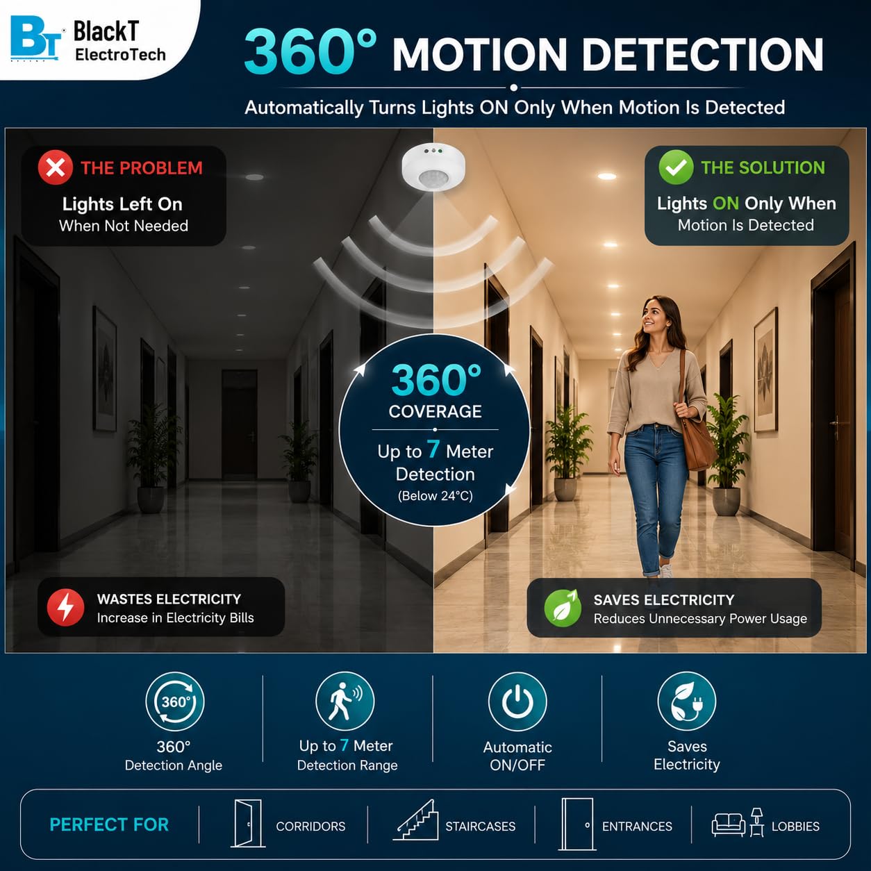 Blackt Electrotech(2 Pic Pack) Blackt Electrotech: 360 Degree Pir Motion Sensor with Light Sensor,Energy Saving Motion Detector Switch with 18 Months Warranty(Ceiling Mounted)