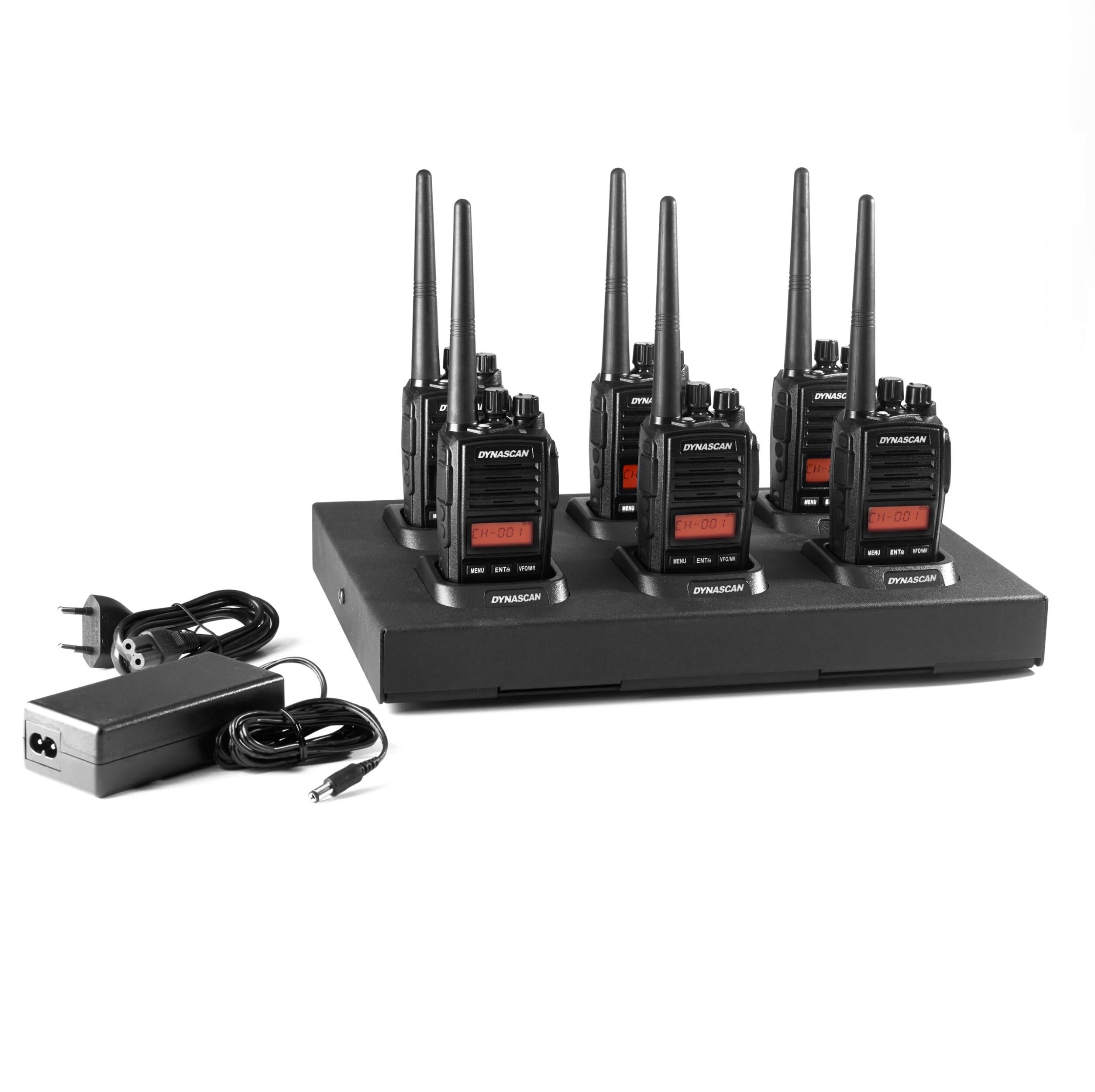 Dynascan R-58 Pack 6 Walkie-Talkies Profesionales con Cargador Múltiple - PMR446 Sin Licencia, Protección IP67 Sumergible, Scrambler y Pantalla LCD