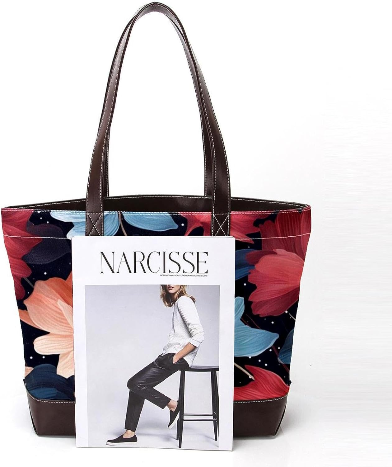 Tote bag with a magazine, demonstrating its size