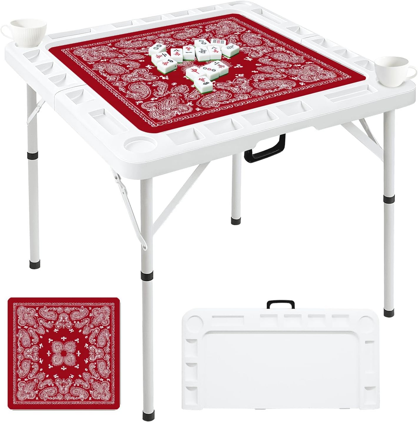 Folding Mahjong Table with Red Paisley Bandana White Ornamental Floral Motifs Wear-Resistant Mahjong Mat, 4 Cup Holders & Chip Trays for 4 Players Square Portable Card Table for Poker Domino