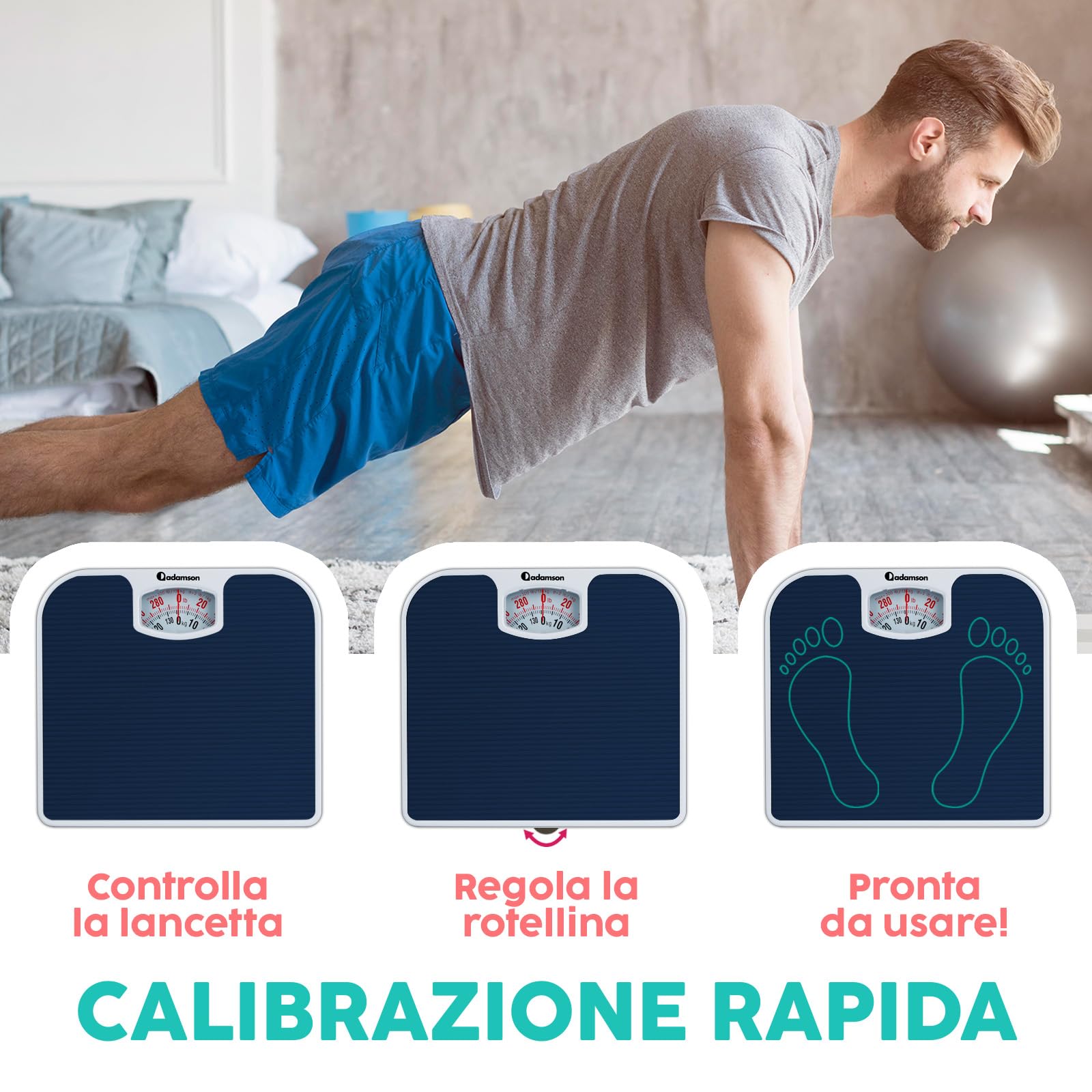Adamson A21 Bilancia Pesapersone Meccanica - Fino a 136 KG - Superficie in Gomma Antiscivolo - Bilancia Pesapersone Analogica - Bilancia Analogica con 20 Anni DI Garanzia - Blu