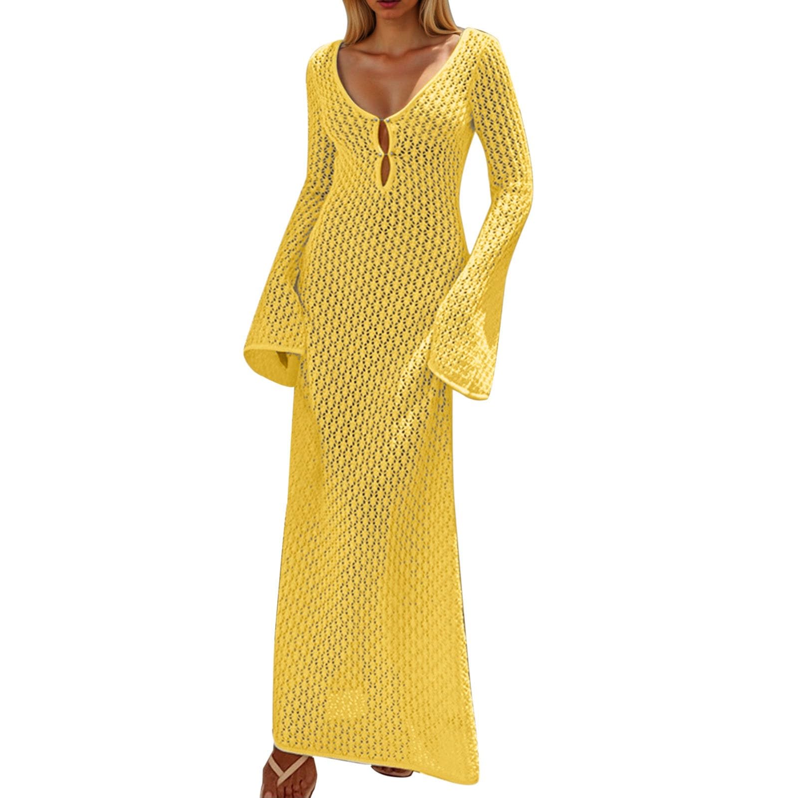 Maxi abito da donna all'uncinetto, da spiaggia, nuoto, vacanze, maniche lunghe, sexy, aderente, estivo, lavorato a maglia