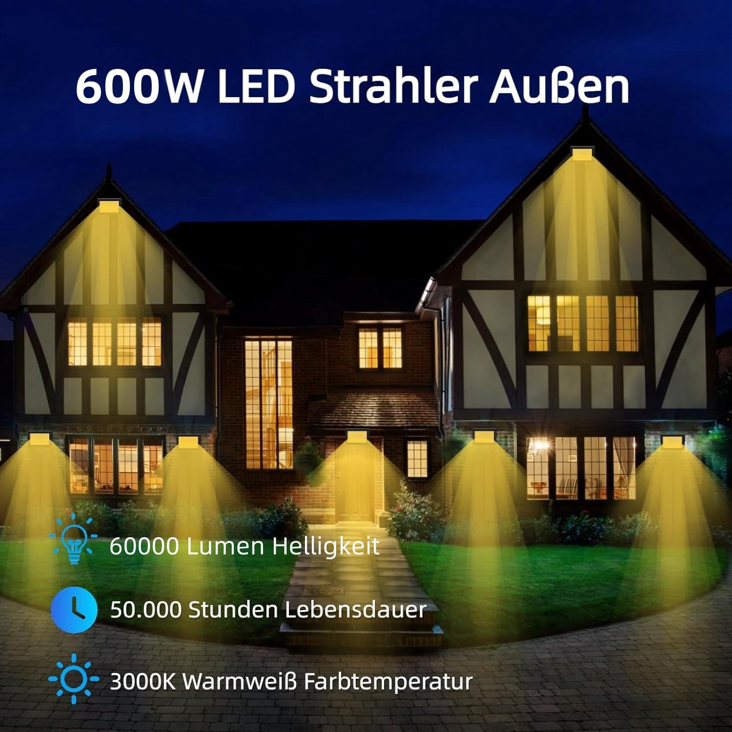 600W Focos LED Exterior, Super Brillante 60000LM Foco Proyector LED, 3000K Blanco Cálido Iluminación de Exterior Seguridad, IP65 Impermeable, Floodlight para Jardín, Patio, Calle, Camino