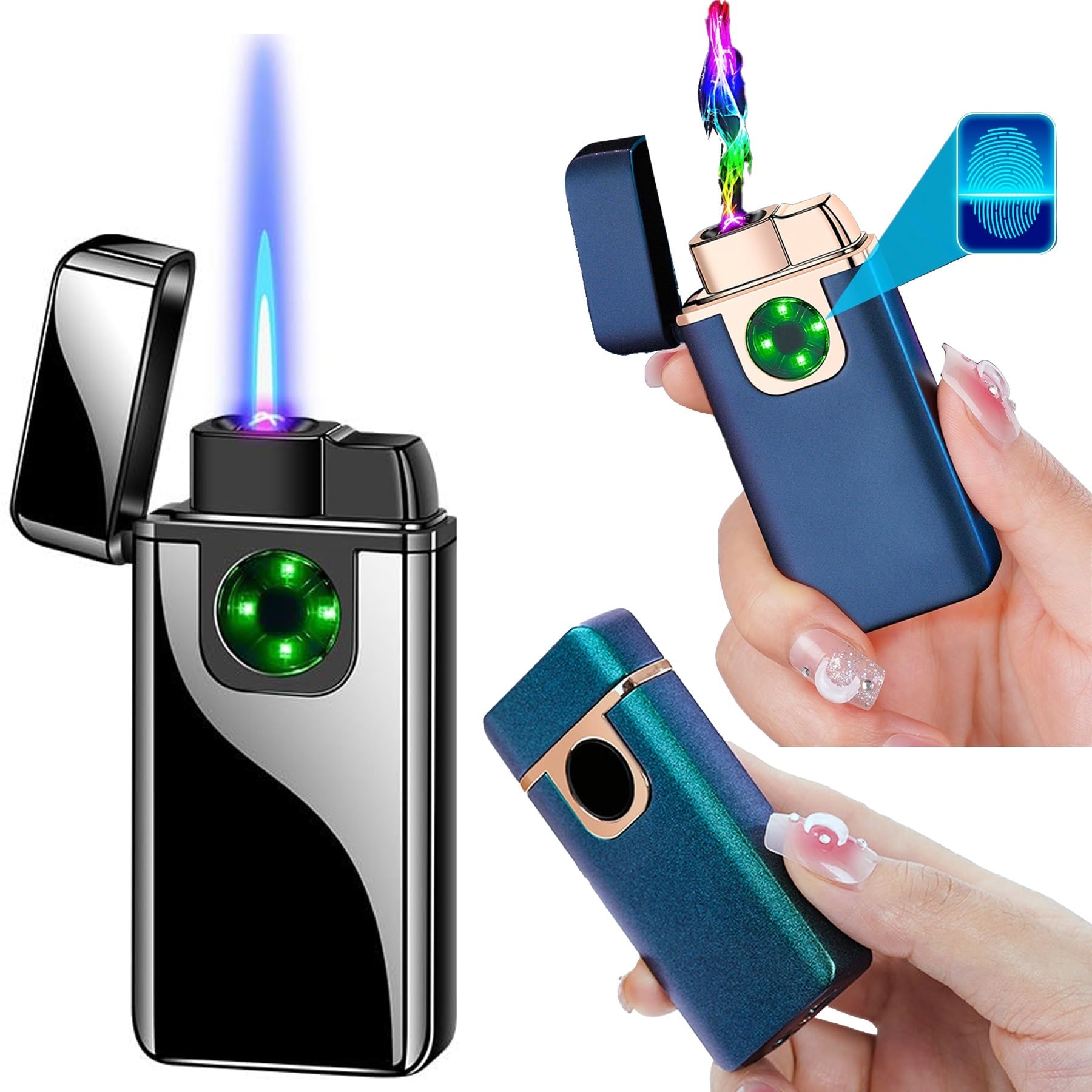 Briquet Coupe-Vent avec Capteur D'empreintes Digitales, Briquet Butane, Flamme Bleue Droite Réglable avec Réservoir De Carburant Visible (Butane Non Inclus)(Black)