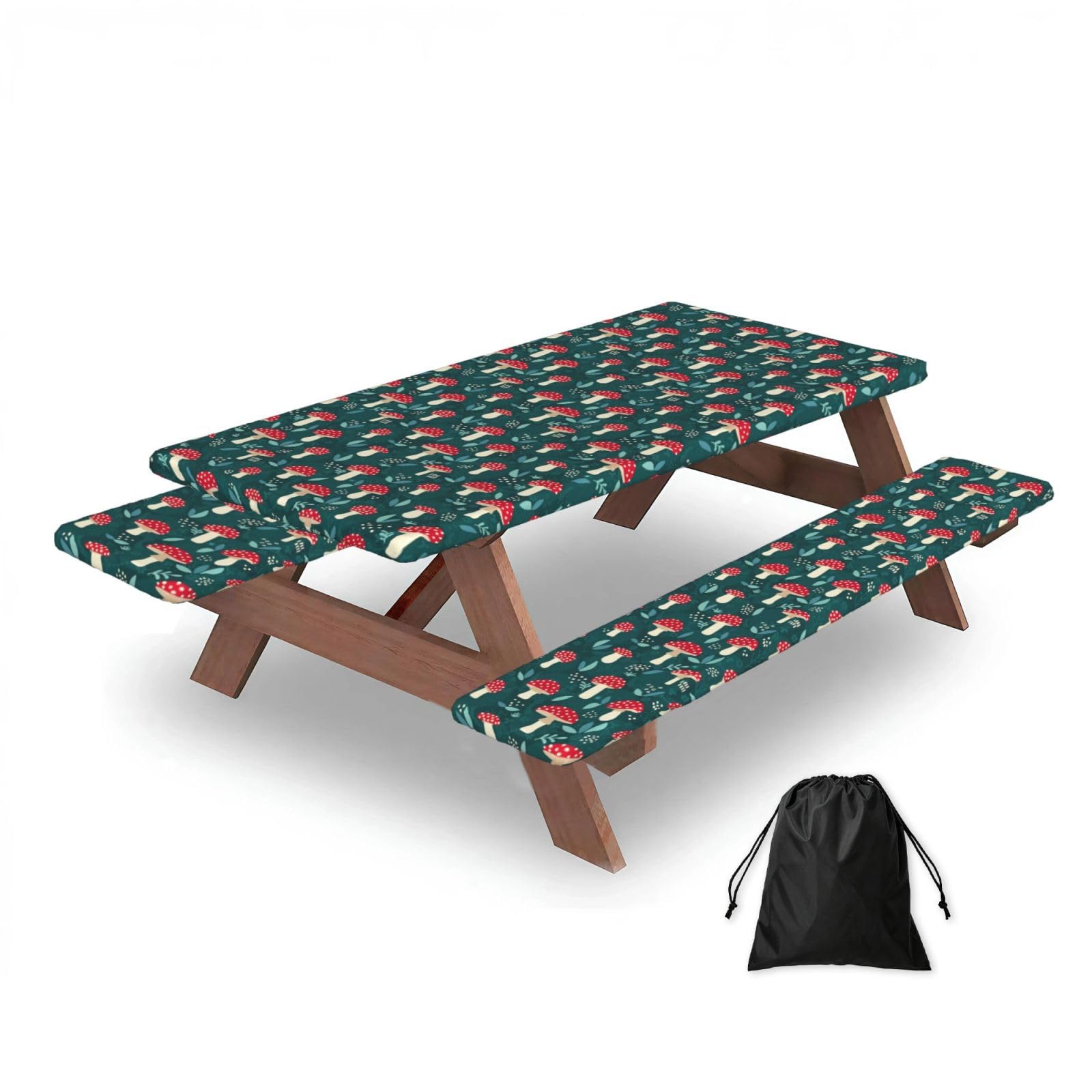 Dopklna As Picture Red Mushrooms, Picnic Table Cover With Bench Covers -Waterproof Elastic Fitted Tablecloth For Garden Camping Patio 76X152cm