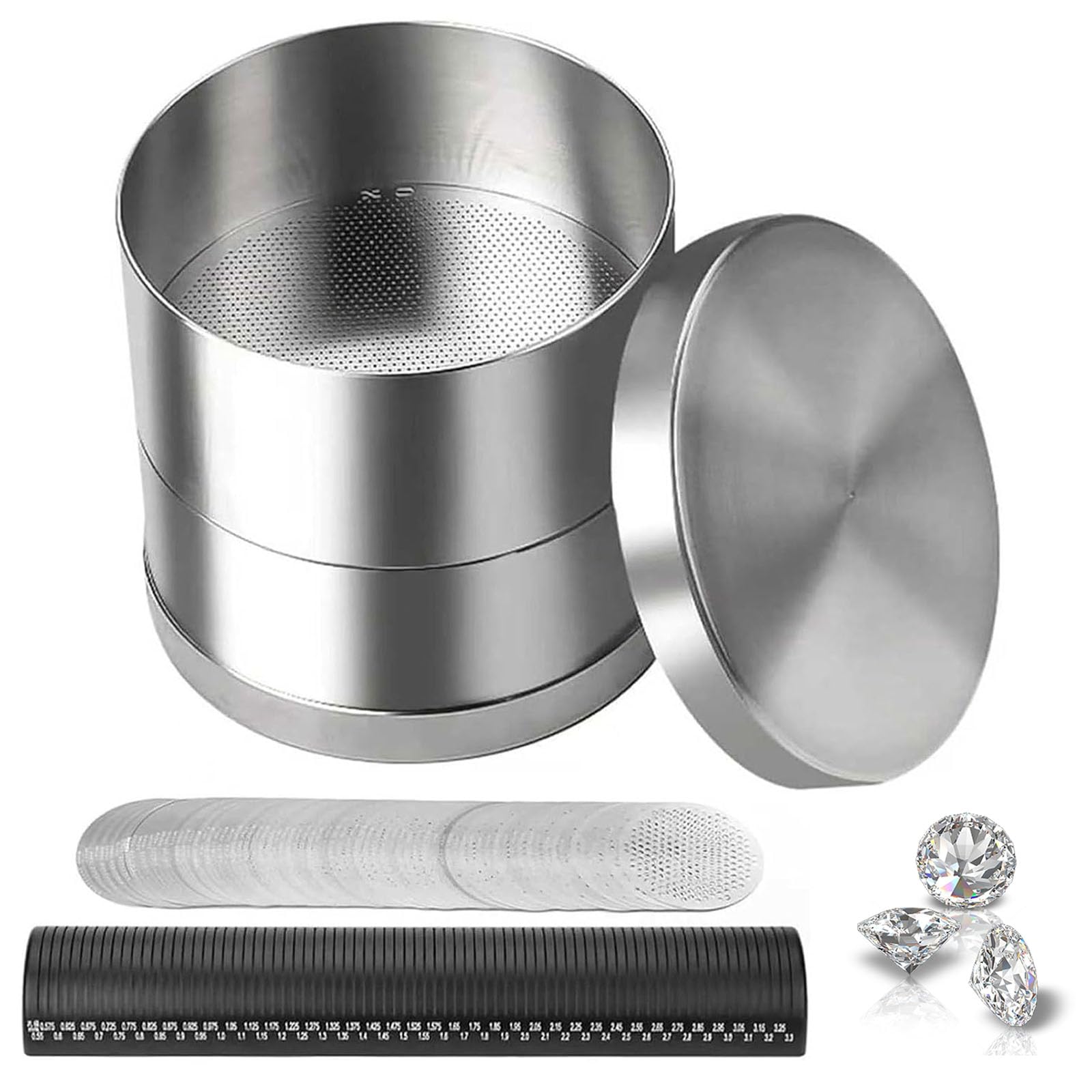 Set di setacci per la classificazione del diamante, strumento di selezione in acciaio inossidabile con telaio a piatto, design a doppio strato per la misurazione delle dimensioni delle pietre preziose