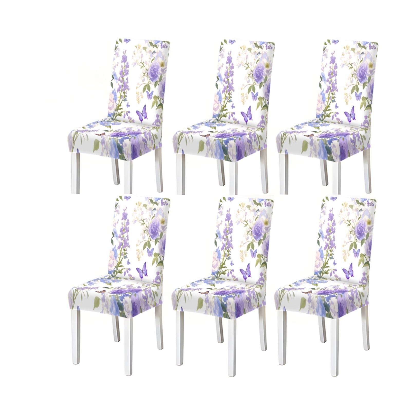 FZJKGH Lavender Purple Rose Butterfly Floral Pattern Print Dining Chair Covers Set Of 2/4/6, Stretch Slipcovers For Dining Room Removable Stretch Slipcovers for Dining Chairs(6PCSChair cover)