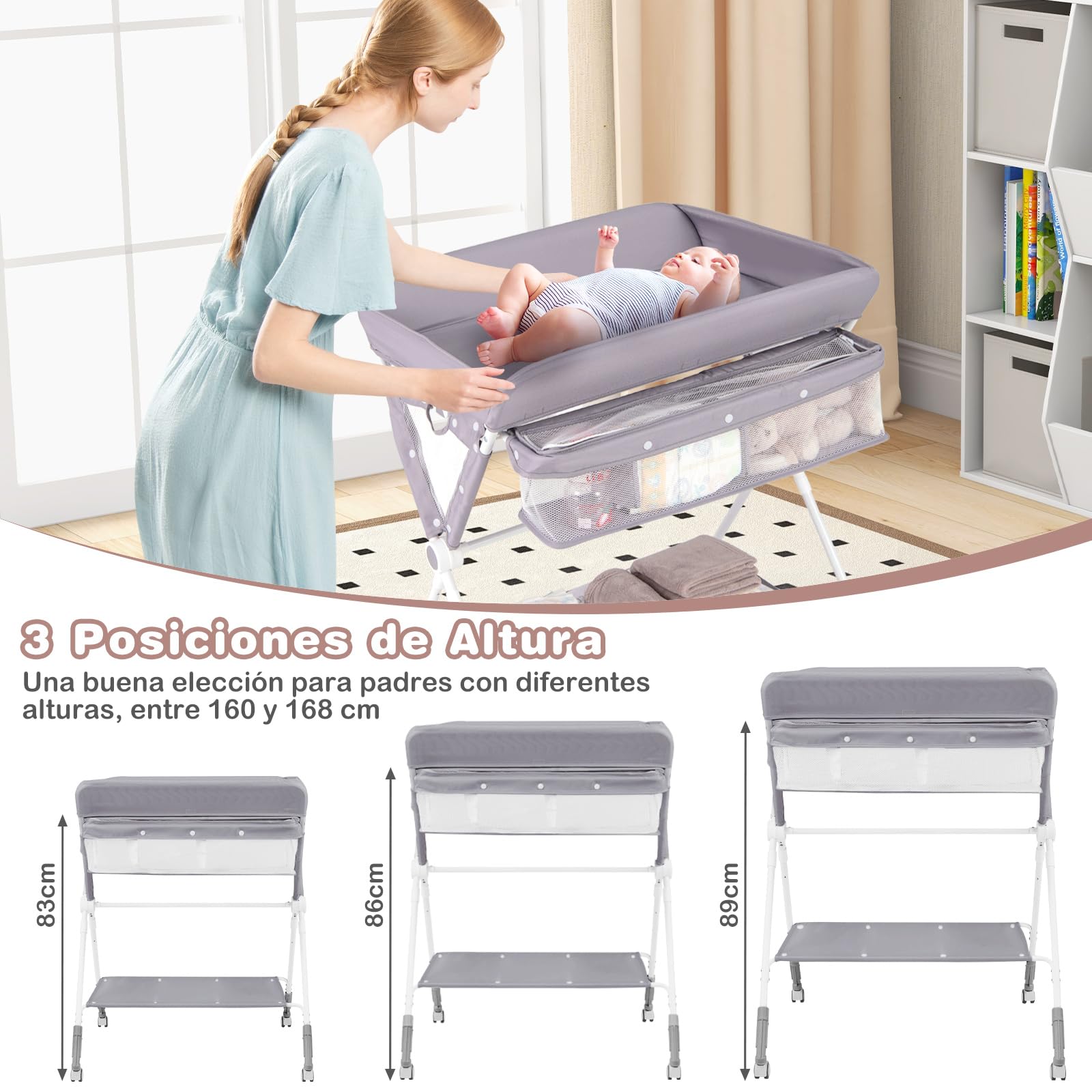 COSTWAY Cambiadora Bebé Portátil, Cambiador Plegable con Altura Ajustable de 3 Niveles, Organizador Móvil para Recién Nacidos con Cesta, Toallero, Estante y Ruedas Universales con Freno (Gris)