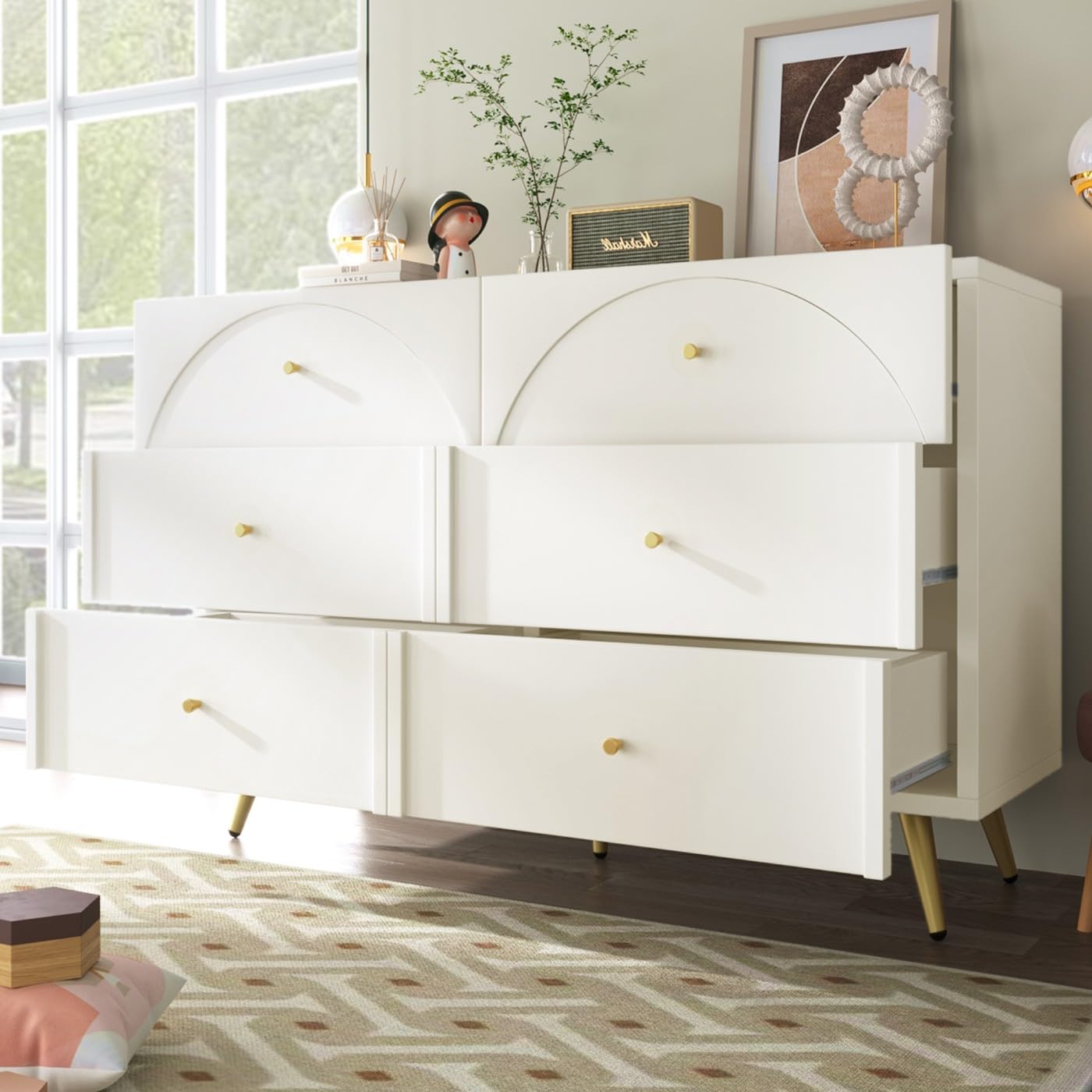 PUGSDRLY Commode à 6 tiroirs avec tiroirs blancs, armoire de rangement avec tiroirs, style moderne, buffet pour salon et chambre (H85/L120/P40 cm)