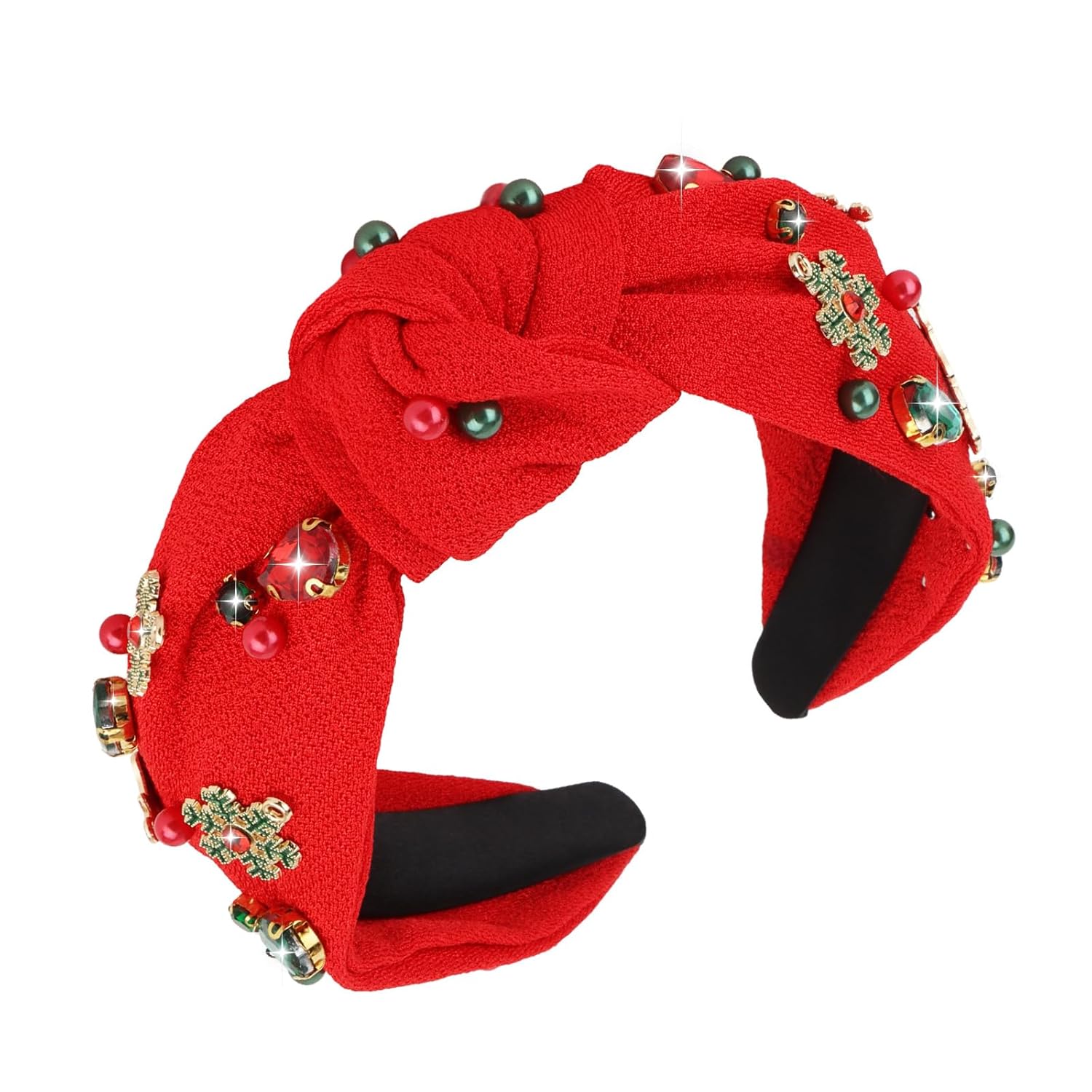 CAVETEE Christmas Headband for Women, Red Knotted Headband with Rhinestone Tree Snowflake Pearl Christmas Decorations for Women - Image 6