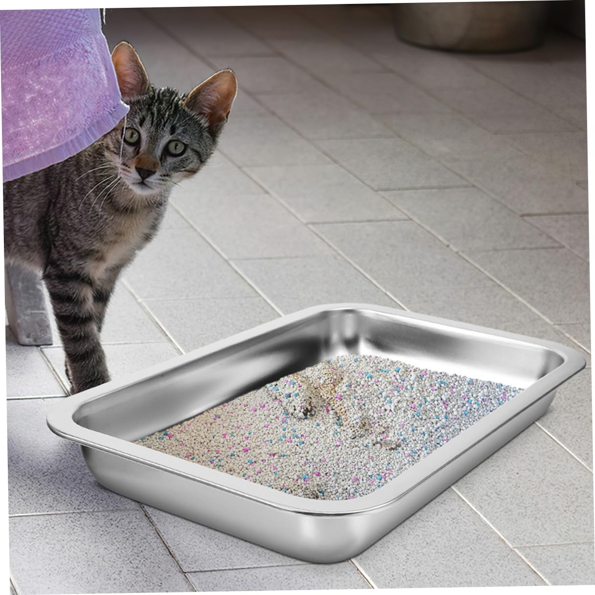 Luxshiny Lettiera per Gatti in Acciaio Inox 304 Aperta, Grande Capacità 2 Pezzi, Toilette per Gattini Resistente senza Perforazioni, per Uso Domestico e Viaggi