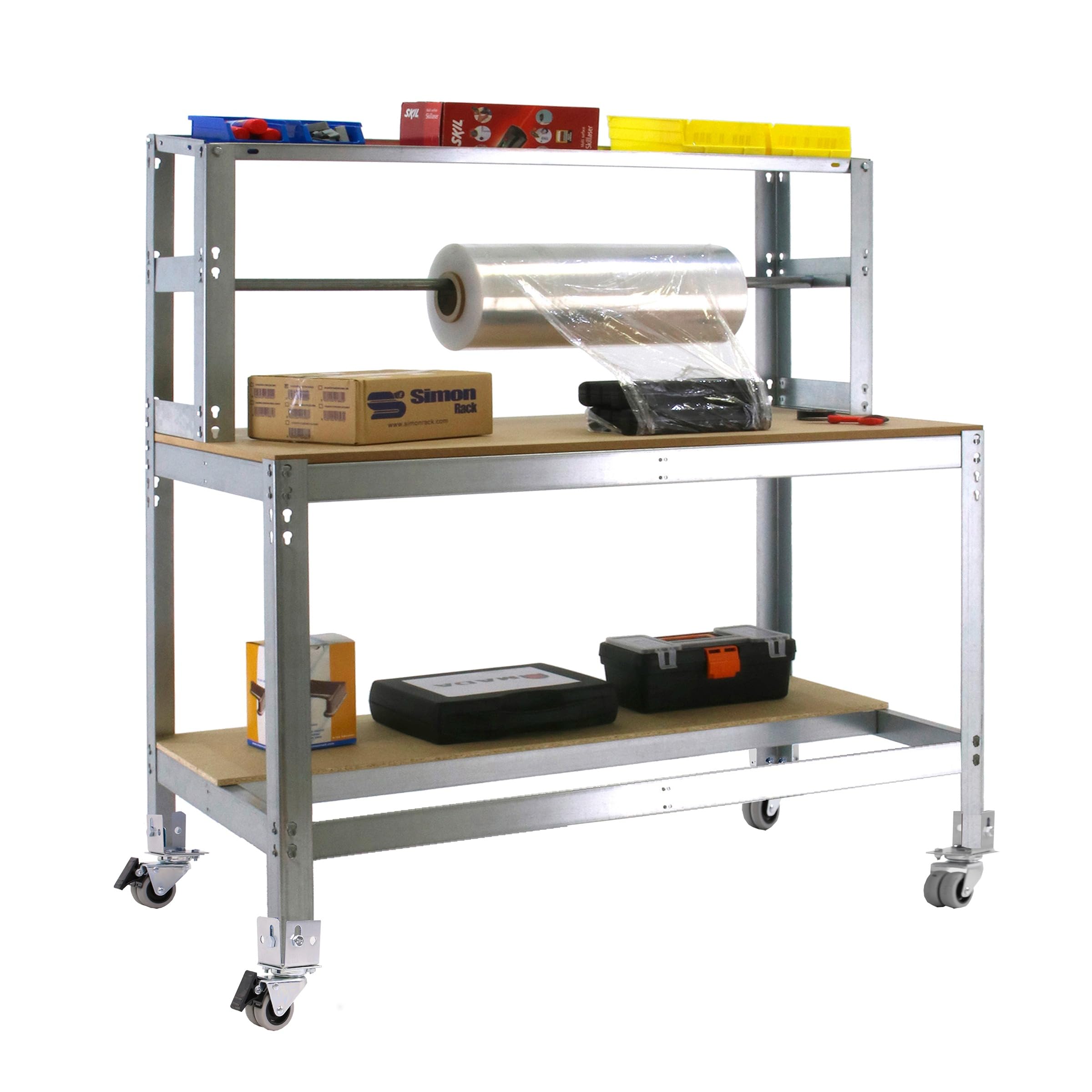 Simon Rack Banco de Trabajo Taller, Capacidad Carga 120 kg, 1520x1510x760 mm, Mesa de Trabajo, Incluye Ruedas, Galva/Madera - BT4
