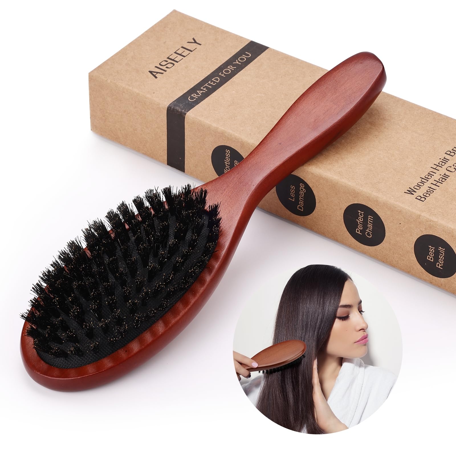 AISEELY Cepillo para Pelo de Cerdas Naturales de Jabalí para Mujeres, Hombres y Niños, para Desenredar y Peinar, para Barba y Cabello Fino, Reduce la Rotura