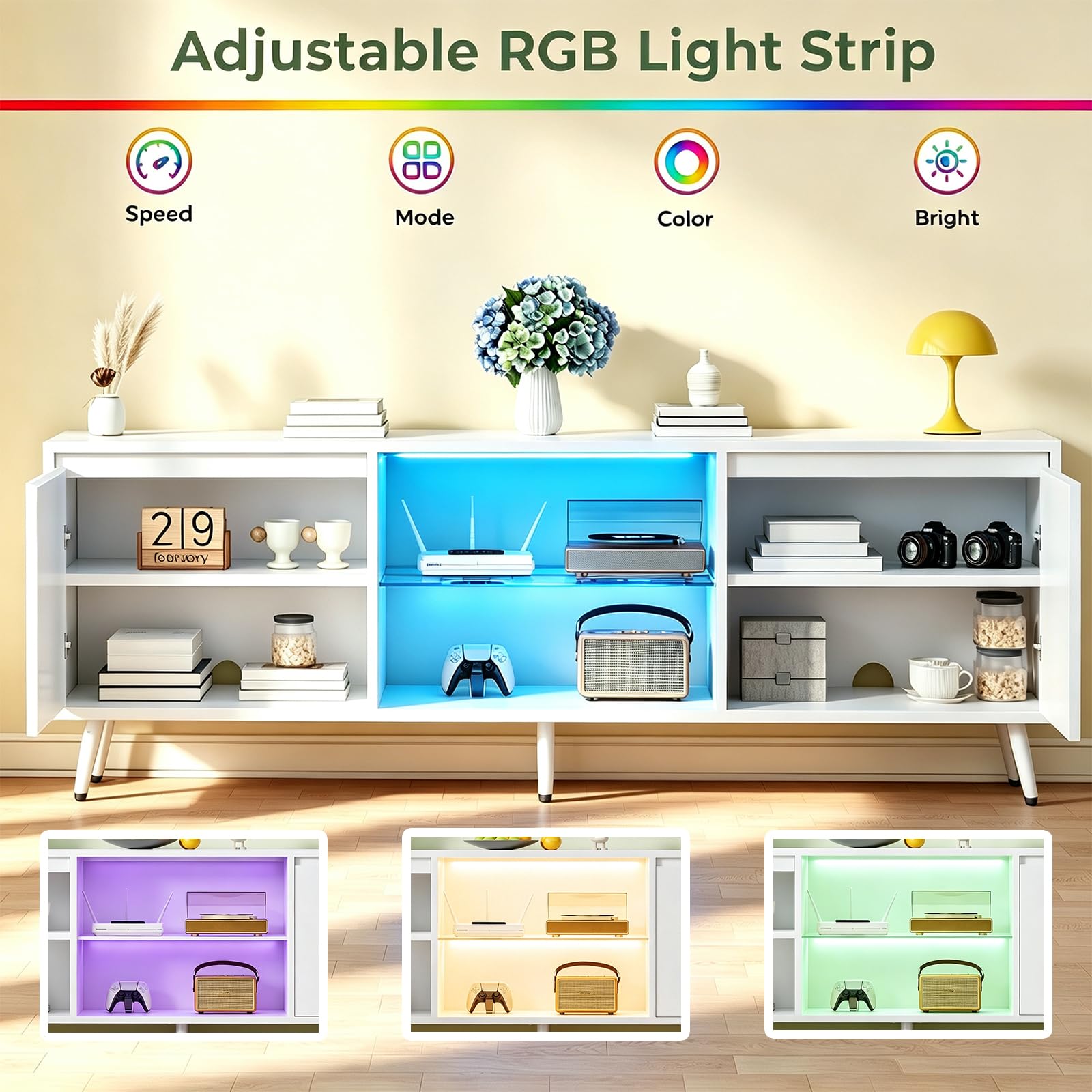 Meuble TV avec LED Réglable, Table TV Design 148x40x49.5 Cm
