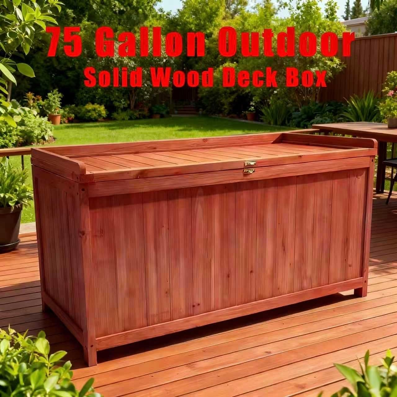 75-Gallon Outdoor Solid Wood Deck Box 44.5-Inch Outdoor Storage Bench Deck Box with Sealed Hinged Lid Ideal for Storing Yard Tools, Gardening Equipment, Pool Supplies, and Camping Gear