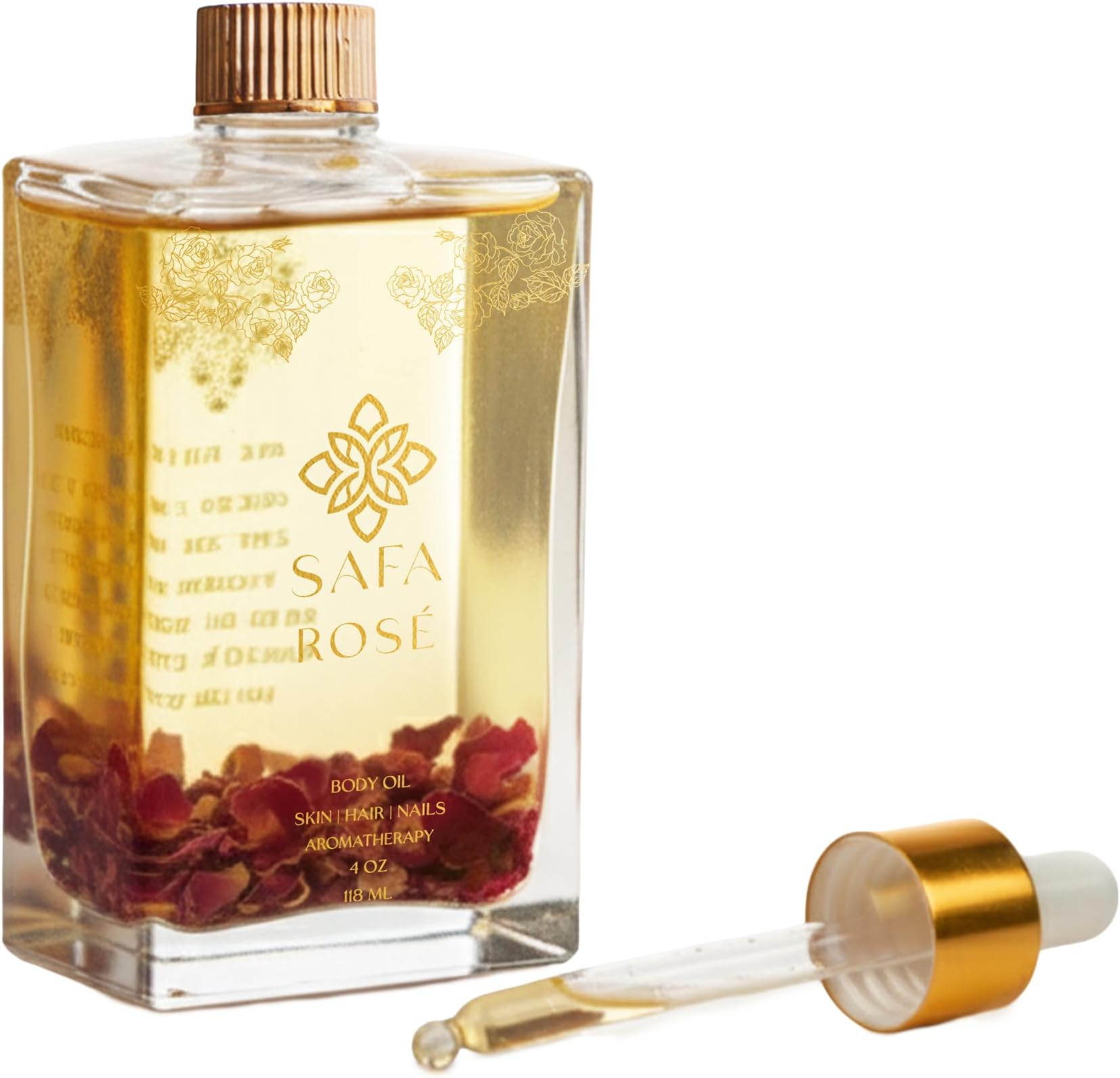 SAFA Rosé Oil - Organic Rose Essential Oil for Face, Body, Hair, Nails & Aromatherapy | After Shower Body Oil | Skin Moisturizer - Natural Scented Perfume for Women - 4 Fl Oz