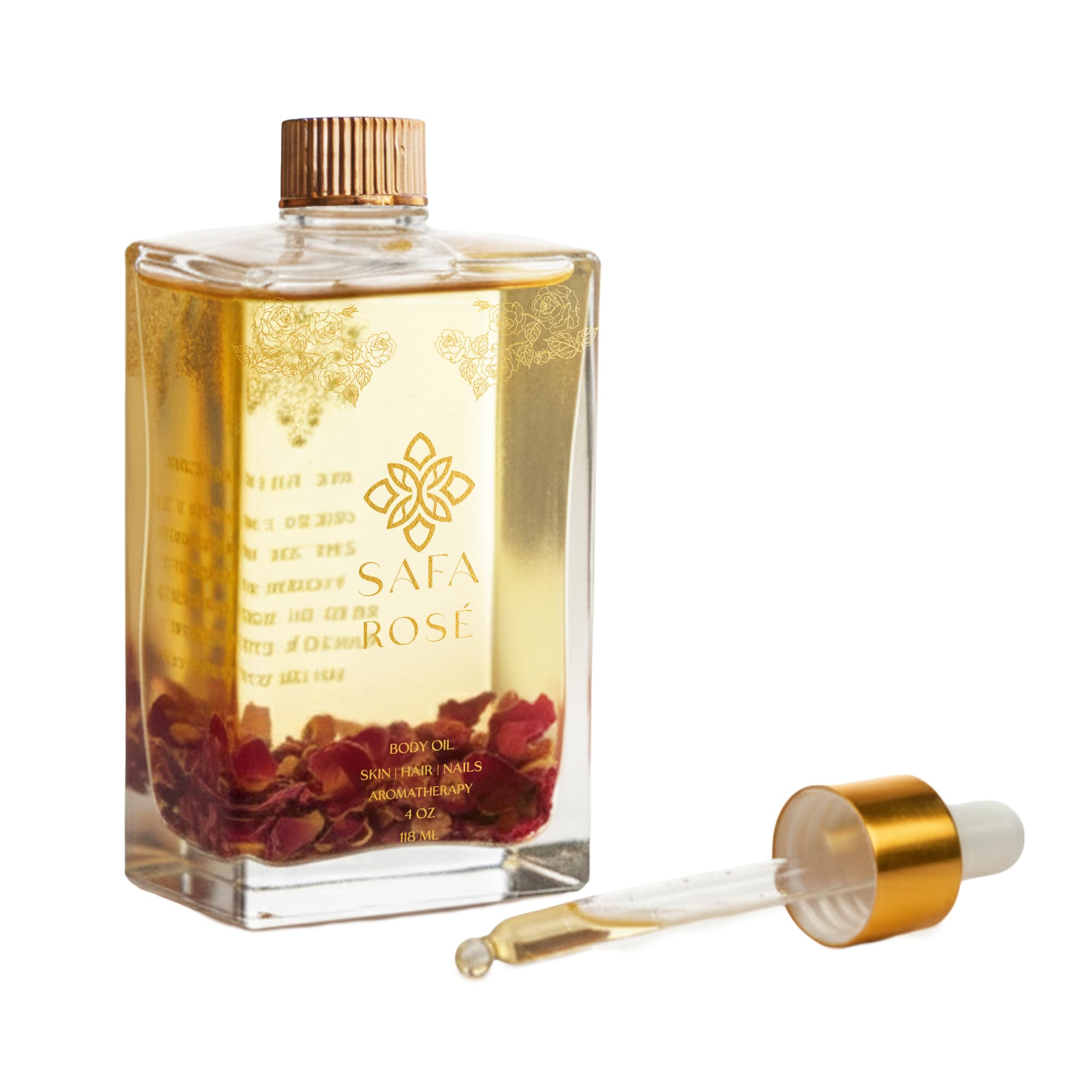 SAFA Rosé Oil - Organic Oil for Face, Body, Hair, Nails & Aromatherapy | Bulgarian Rose Essential Oil & Organic Floating Rose Petals | Moisturizer for Women & Men - 4 Fl Oz