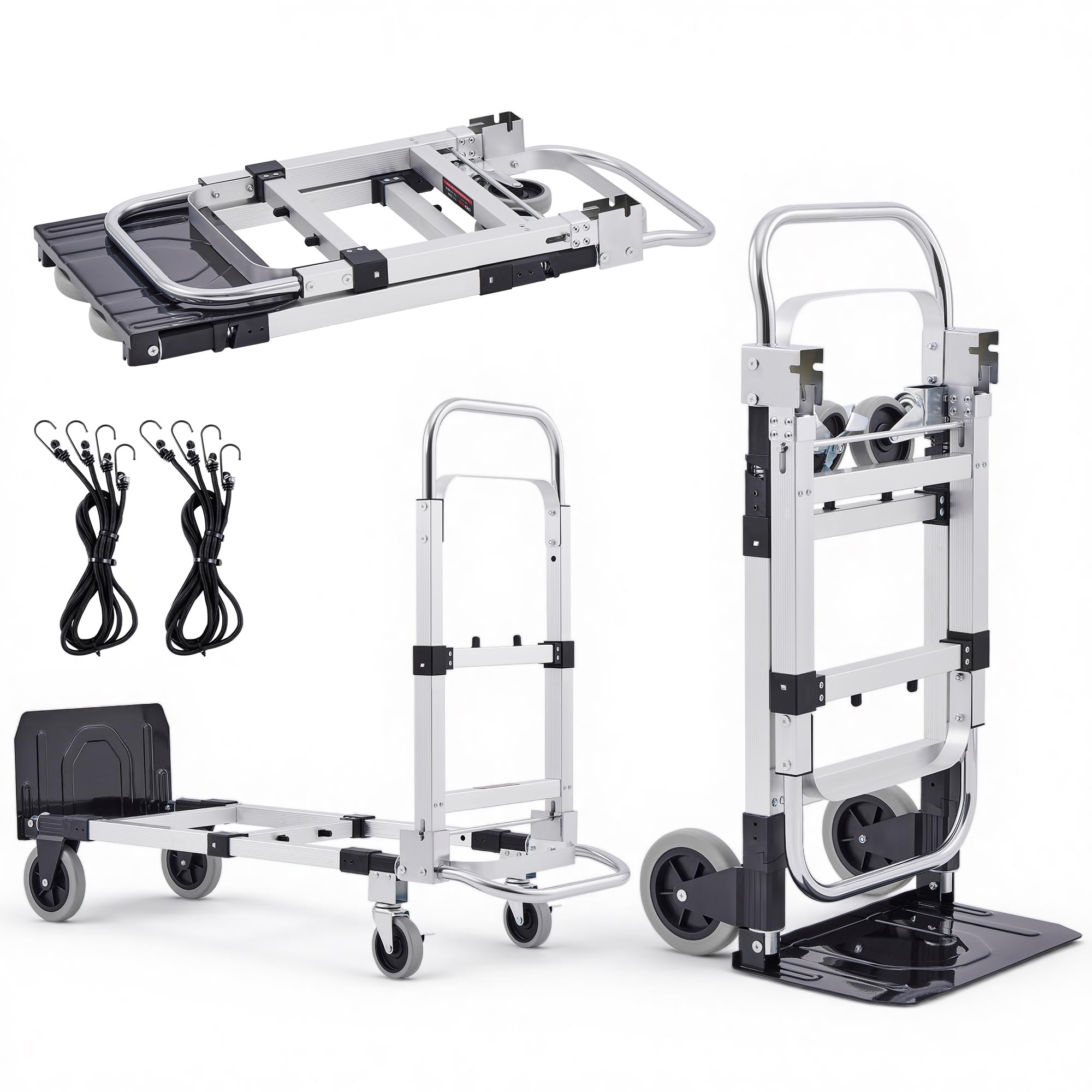 CREWORKS Carrello Pieghevole 2 in 1 Capacità 270 kg, Carrello Portapacchi con Ruote Girevoli Bloccabili e 2 Cinghie, Carrello in Lega di Alluminio Regolabile in Altezza per Casa, Magazzino, Ufficio