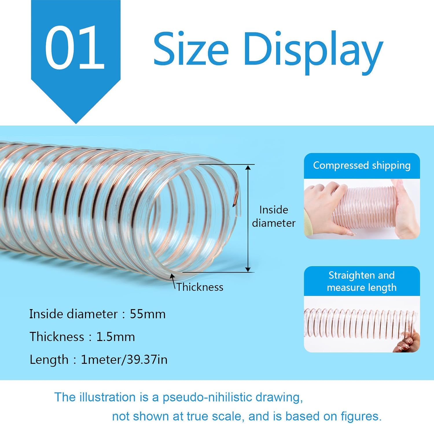 PU Flexible Ducting PU Industrial Hose With Copper Wire Transparent ID 43-60mm 1M/39.37in Wall Thickness 1.5mm(Inner diameter:55mm)