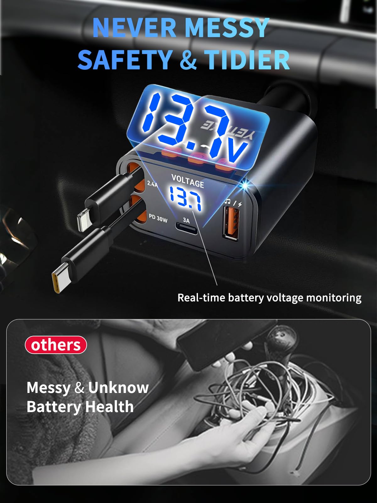 Caricatore retrattile da auto, adattatore trasmettitore FM Bluetooth 5.4, caricabatterie rapido 4 in 1 da 69 W, chiamate in vivavoce, caricatore USB per telefono auto e 2 cavi