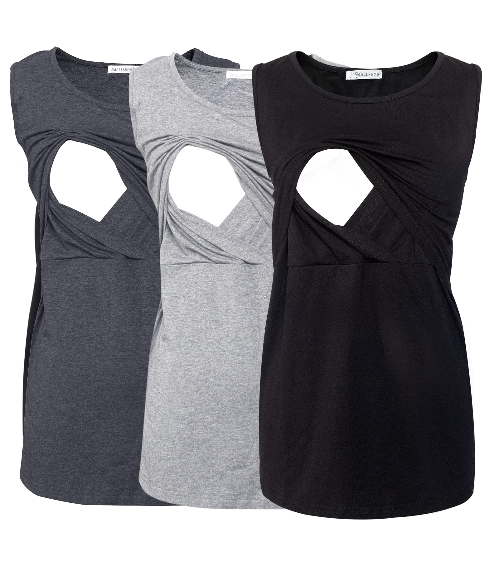 Smallshow Canottiere per Donna maternità Infermieristica Senza Maniche Top Canotta Allattamento in 3 Pezzi Black-Deep Grey-Light Grey L