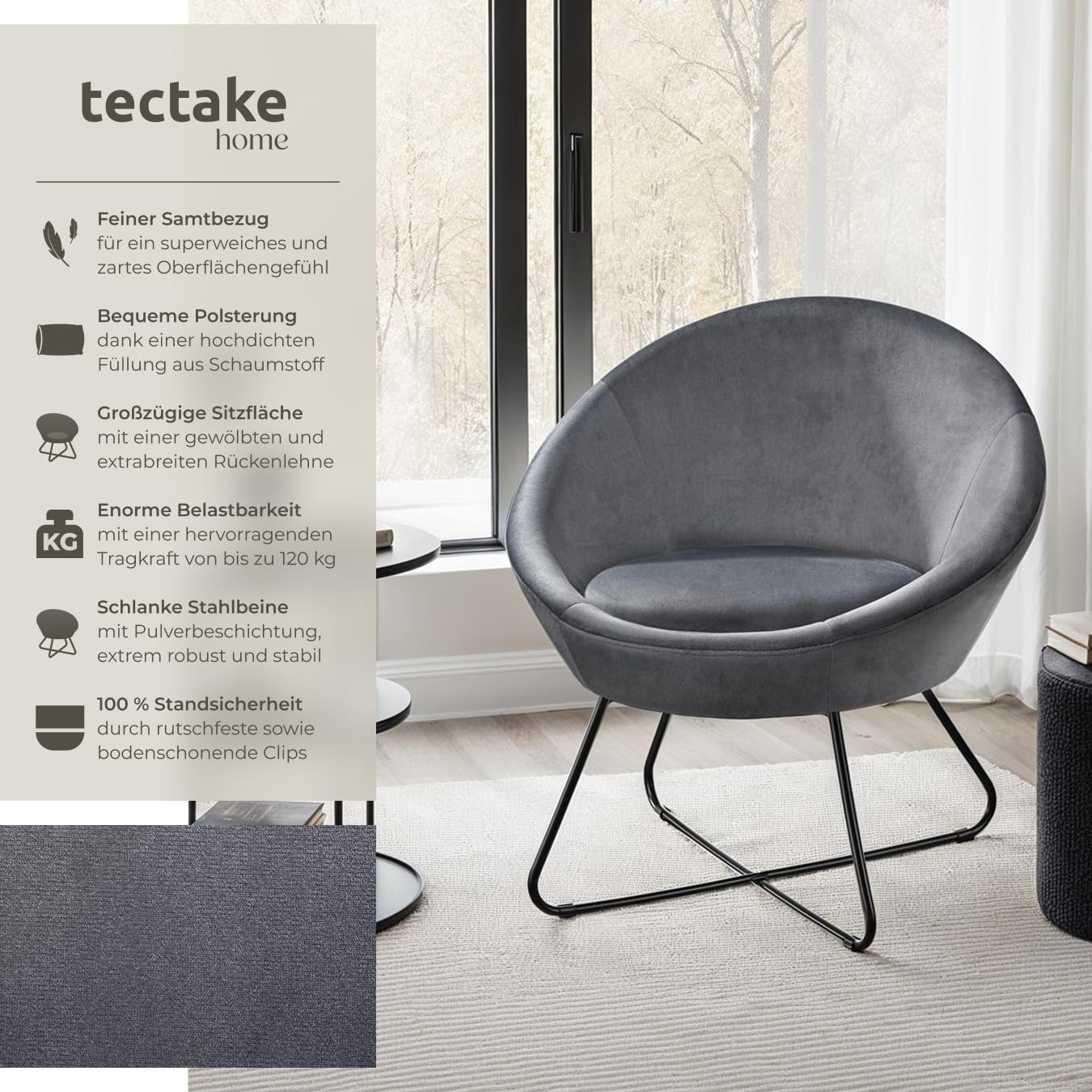 tectake® runder Samt Sessel, Cocktailsessel, Lesesessel mit durchgängiger Rückenlehne, Sessel Wohnzimmer, Polsterstuhl skandinavisch, Relaxsessel, Loungesessel, Esszimmermöbel - Samtoptik anthrazit