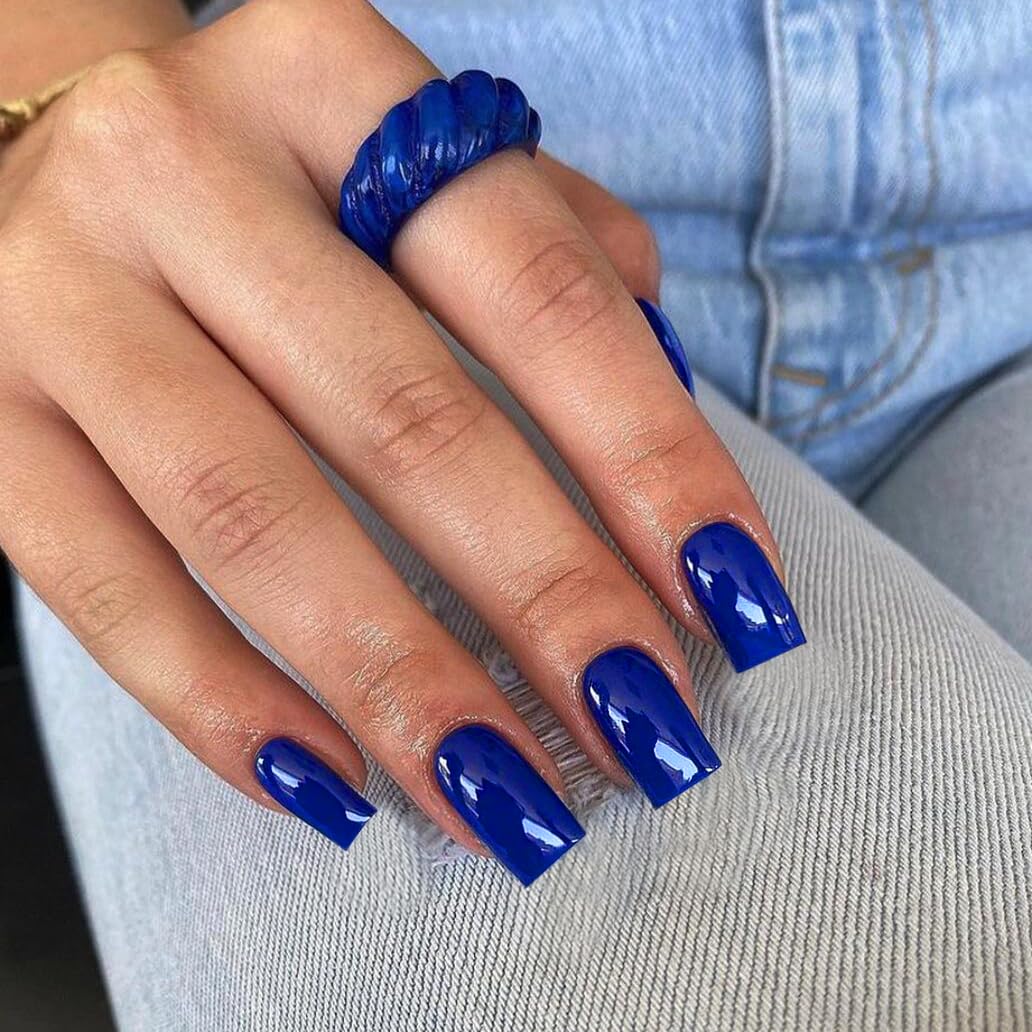 KQueenest Acrylic Press on Nails Short Medium Square, Royal Blue False Nails Short Coffin - Image 2
