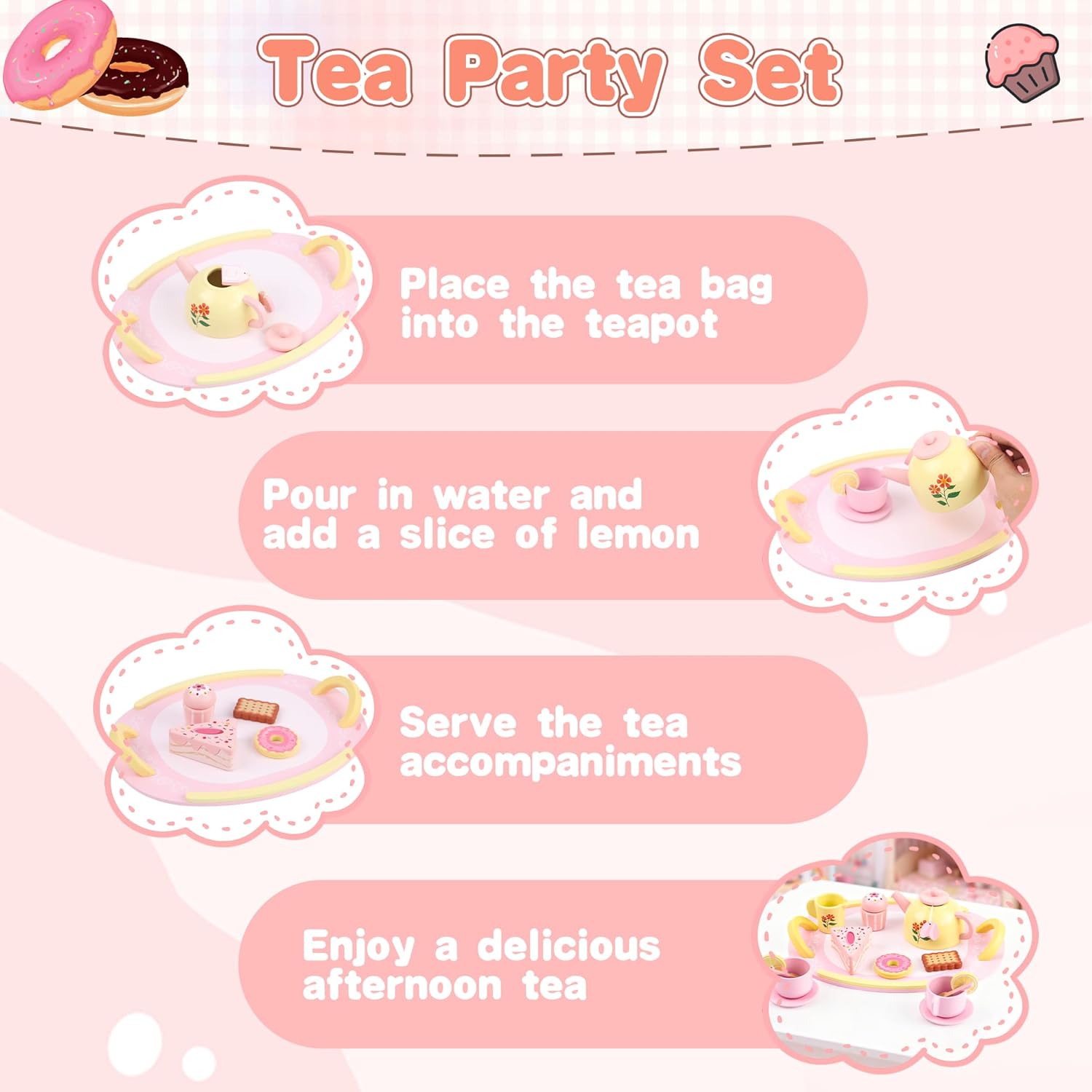 Wooden Tea Sets for Toddlers 3-5, Tea Party Set for Little Girls 4-6, Toddler Tea Set with Teacups, Dessert Food Items and Tray, Birthday Gift for Kids Aged 3-6