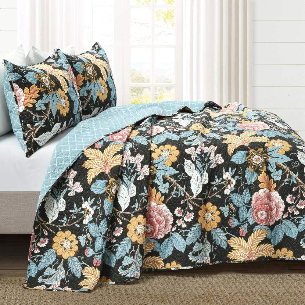 Lush Decor Floral Sydney 3-Piece Quilt Set Reversible Bedding (King), Leaf Print : Home & Kitchen