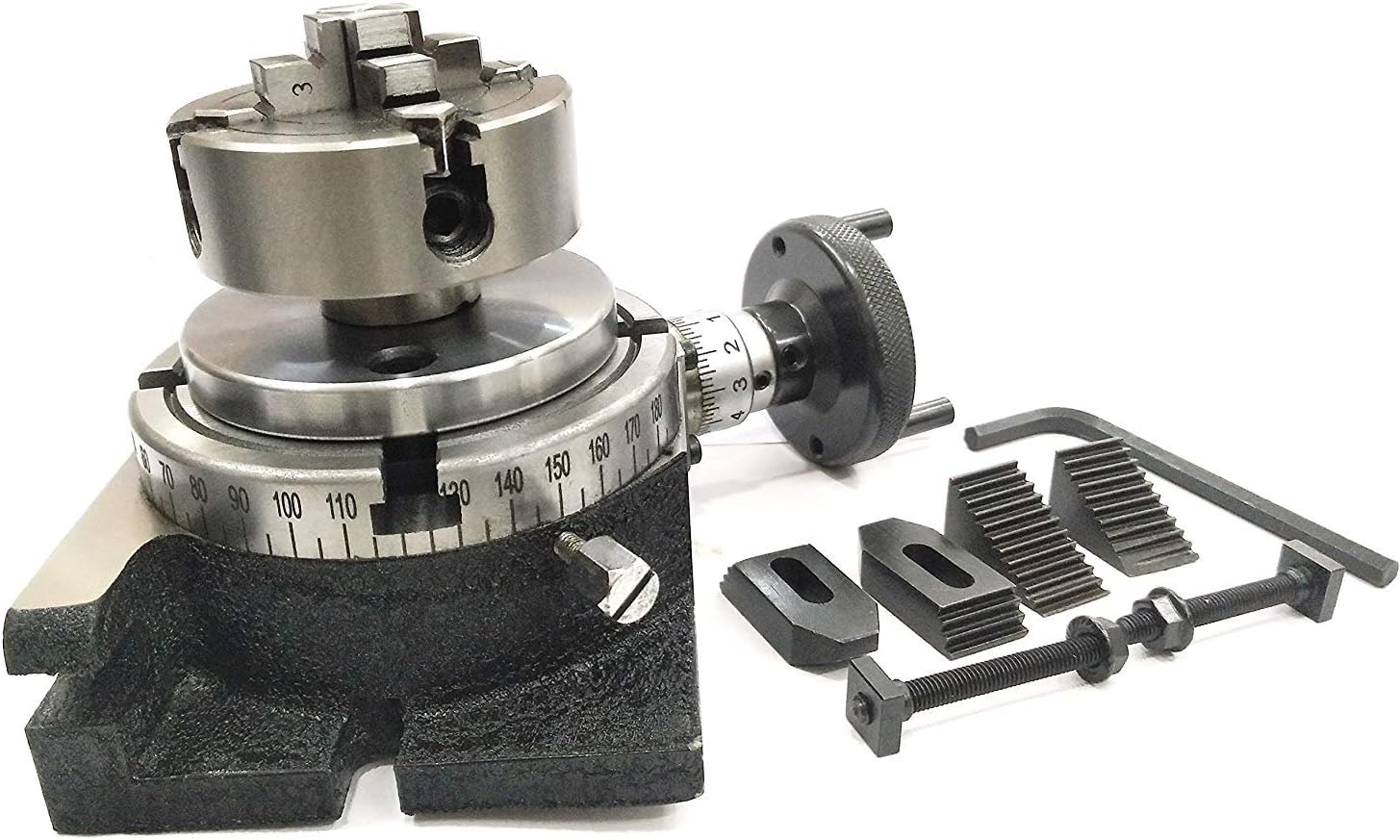 MILLING INDEXING 4"/100 ROTARY TABLE QUALITY PRECISION HORIZONTAL VERTICAL WITH SUITABLE M6 CLAMP KIT & SMALL CHUCK (WITH 70 MM 4 JAW INDEPENDENT CHUCK)