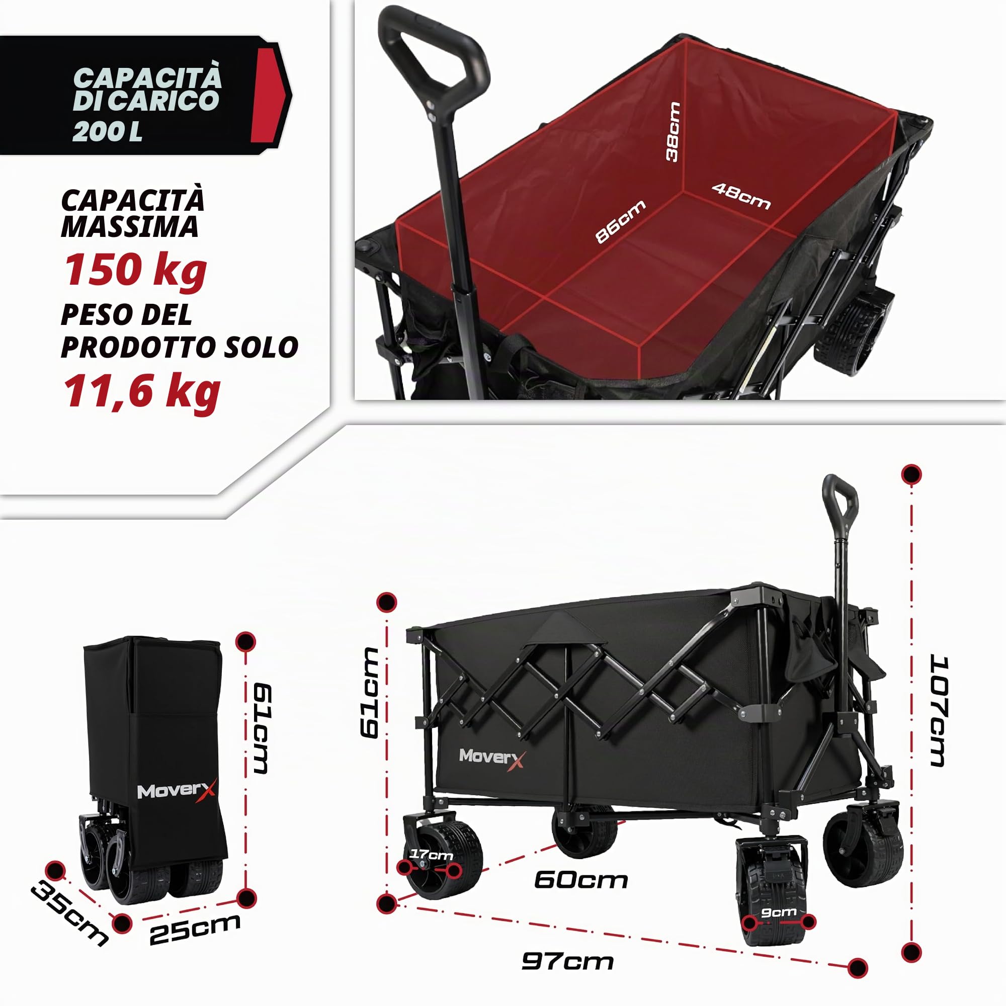 MoverX Carrello da 200 litri, pieghevole, portatile, per campeggio, spiaggia, giardino, picnic, shopping, pesca, ruote larghe, manico regolabile, nero