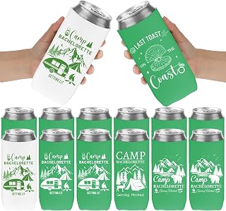 Camp Bachelorette Can Coolers Sleeves, 12 Pack Slim Camping Insulated Neoprene Beer Cans Coolers for Camp Bachelorette Themed Bridesmaids Bridal Shower Party Favors Decoration Gifts
