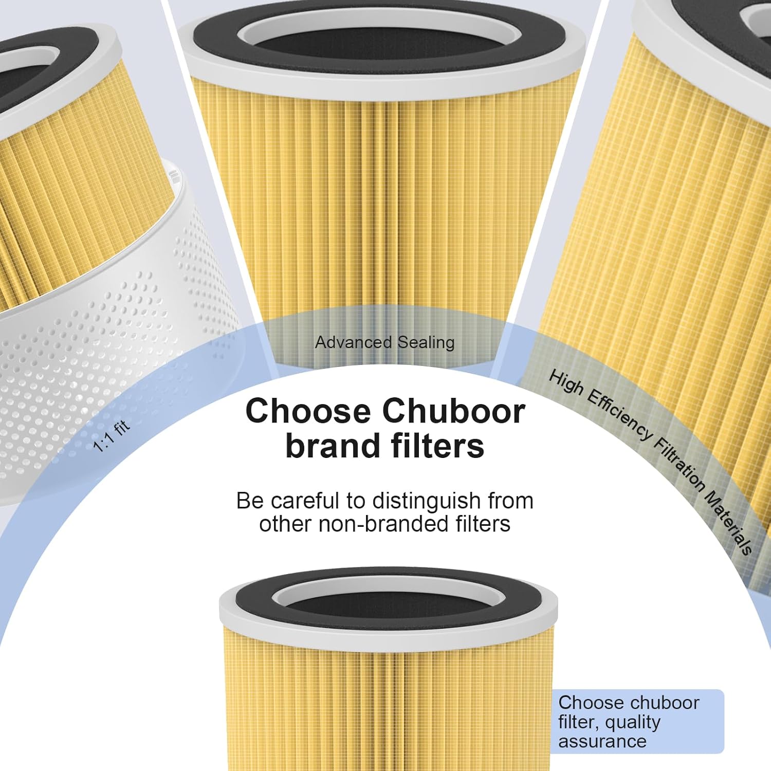 jarak dekat view of Chuboor filter components highlighting advanced sealing and high-efficiency filtration materials