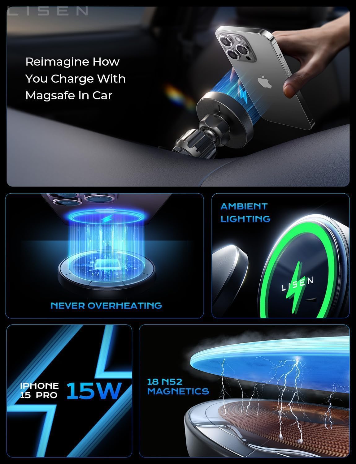 LISEN 15W MagSafe Car Mount Charger, Magnetic Phone Holders for Your Car 6 71mnjwi7WQL. AC SL1500