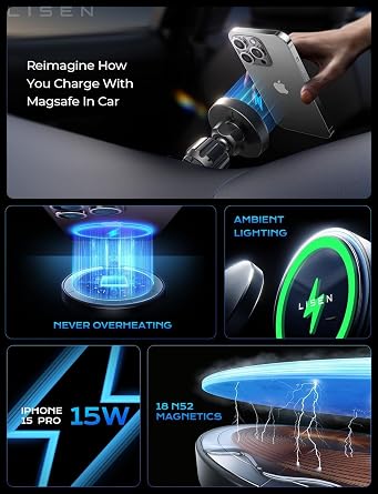 LISEN 15W MagSafe Car Mount Charger, Magnetic Phone Holders for Your Car | [Dual Mounting Type for 99% Vehicles] Magsafe Car Mount,15W Magnetic Wireless Car Charger Car Accessories for iPhone 17-12