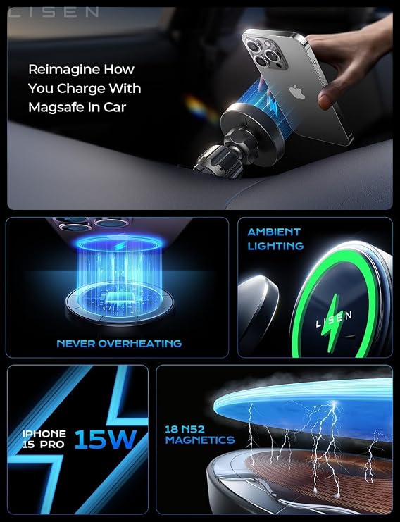 LISEN 15W MagSafe Car Mount Charger, Magnetic Phone Holders for Your Car | [Dual Mounting Type for 99% Vehicles] Magsafe Car Mount,15W Magnetic Wireless Car Charger Car Accessories for iPhone 17-12