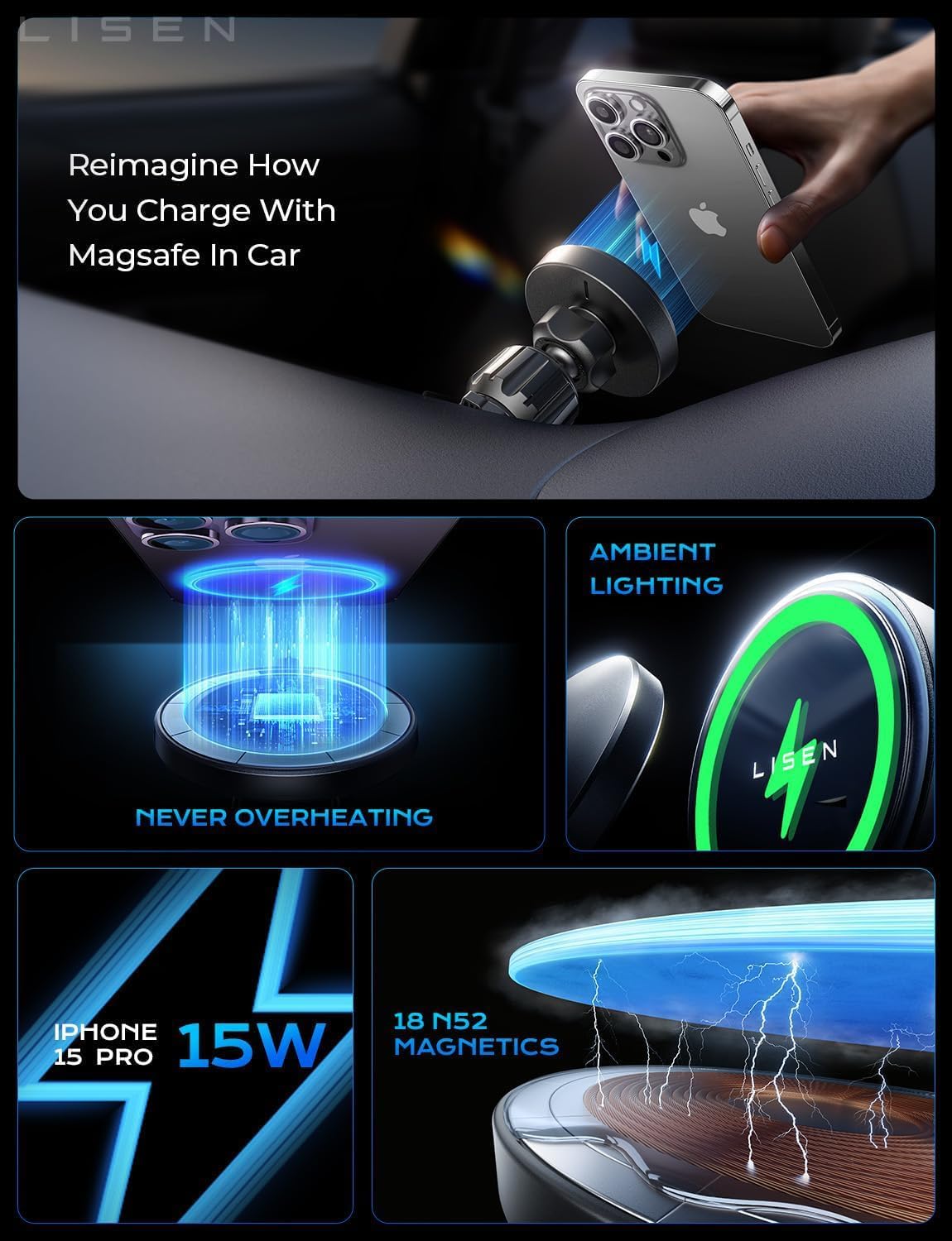 LISEN 15W MagSafe Car Mount Charger, Magnetic Phone Holders for Your Car view 5