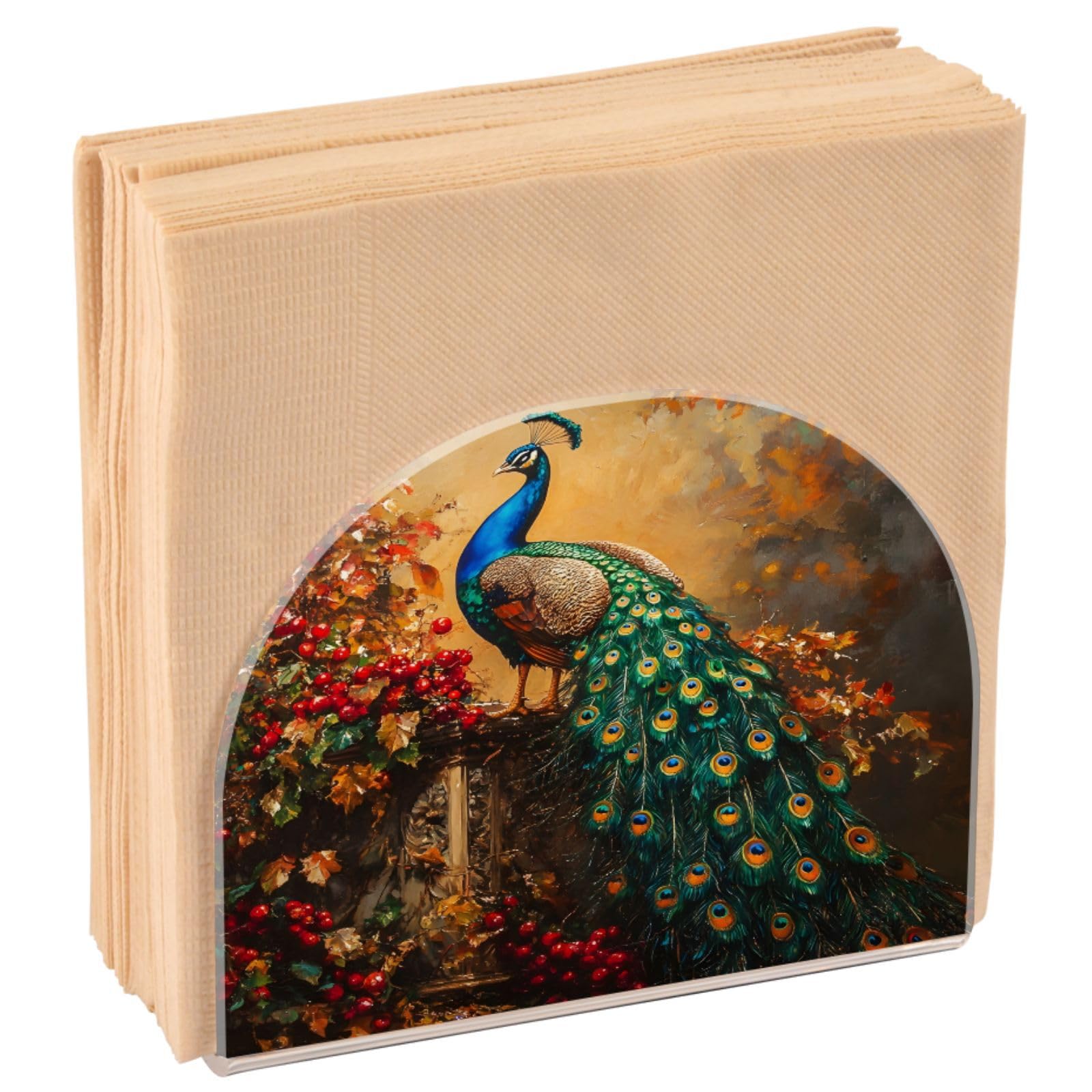 Napkin Holder for Table, Vintage Peacock Floral Acrylic Paper Napkin Holder, Kitchen Tissue Paper Dispenser Cocktail Napkin Holder for Dining Table, Party Guest, Bathroom