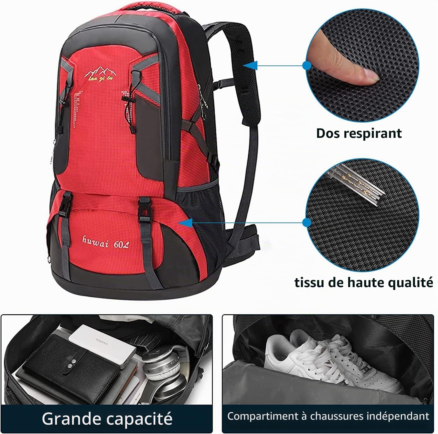 Sac a dos randonnee 60L sacs à dos de randonnée femme homme Sac à dos de randonnée/de voyage pour le camping, l'escalade, le ski et le cyclisme