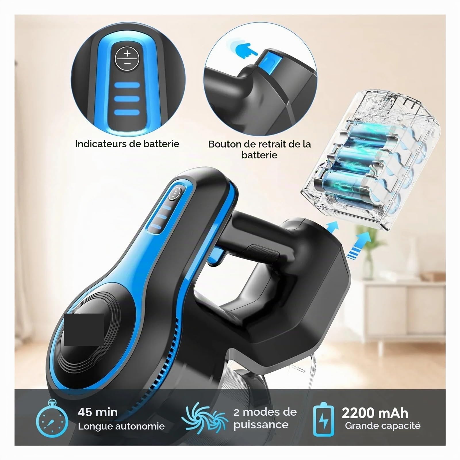 Batterie Lithium-Ion amovible, Rechargeable, 22.2V, 2200mAh, Compatible avec l'aspirateur sans fil INSE N5S N5T N500