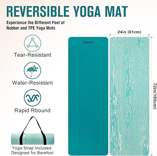 Miniatura 5 de UMINEUX Tapete de yoga extra grueso, 25 pulgadas (0.394 in), goma natural y TPE antideslizante con correa para mujeres y hombres, tapete de