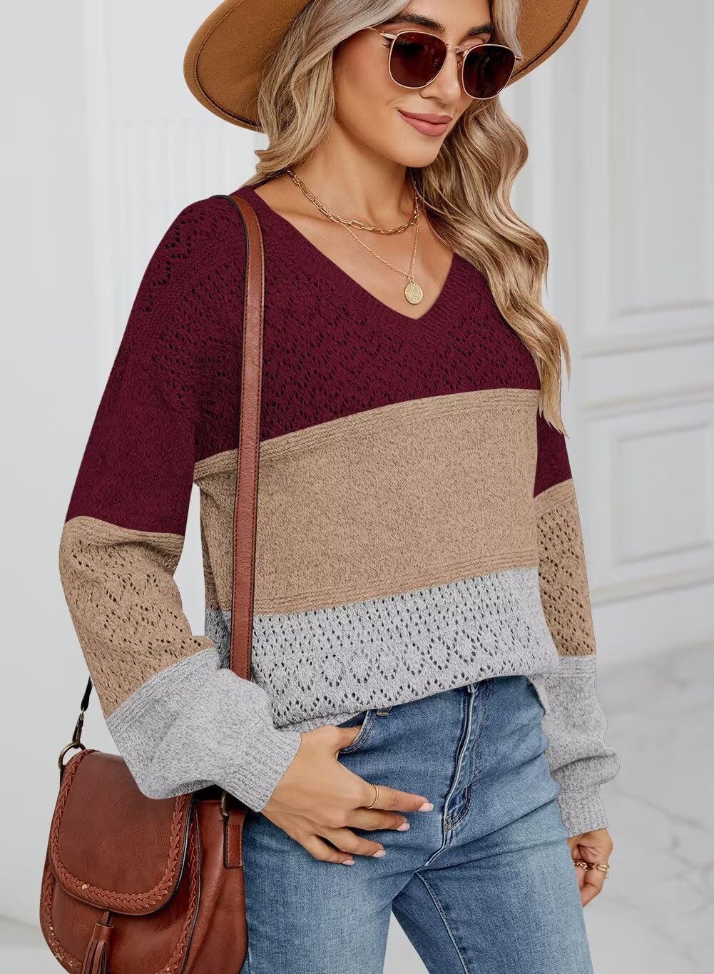 FEKOAFE Womens Sweaters 2026 Fall V Neck Long Sleeve Hollow Knit Pullover Sweaters for Women - Image 4