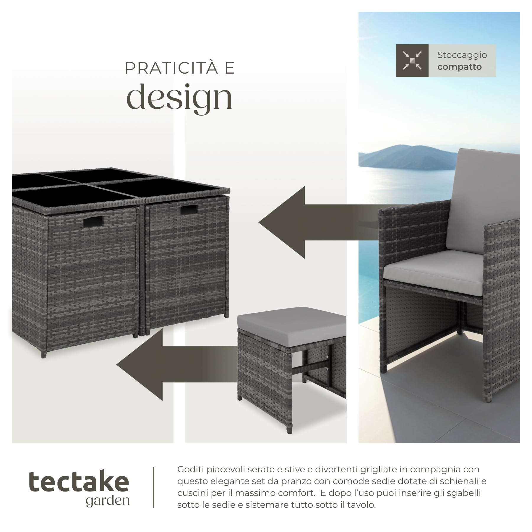 Set Mobili Rattan Bilbao 4 Sedie 4 Sgabelli Tavolo Acciaio Poly Rattan Giardino Terrazzo Grigio