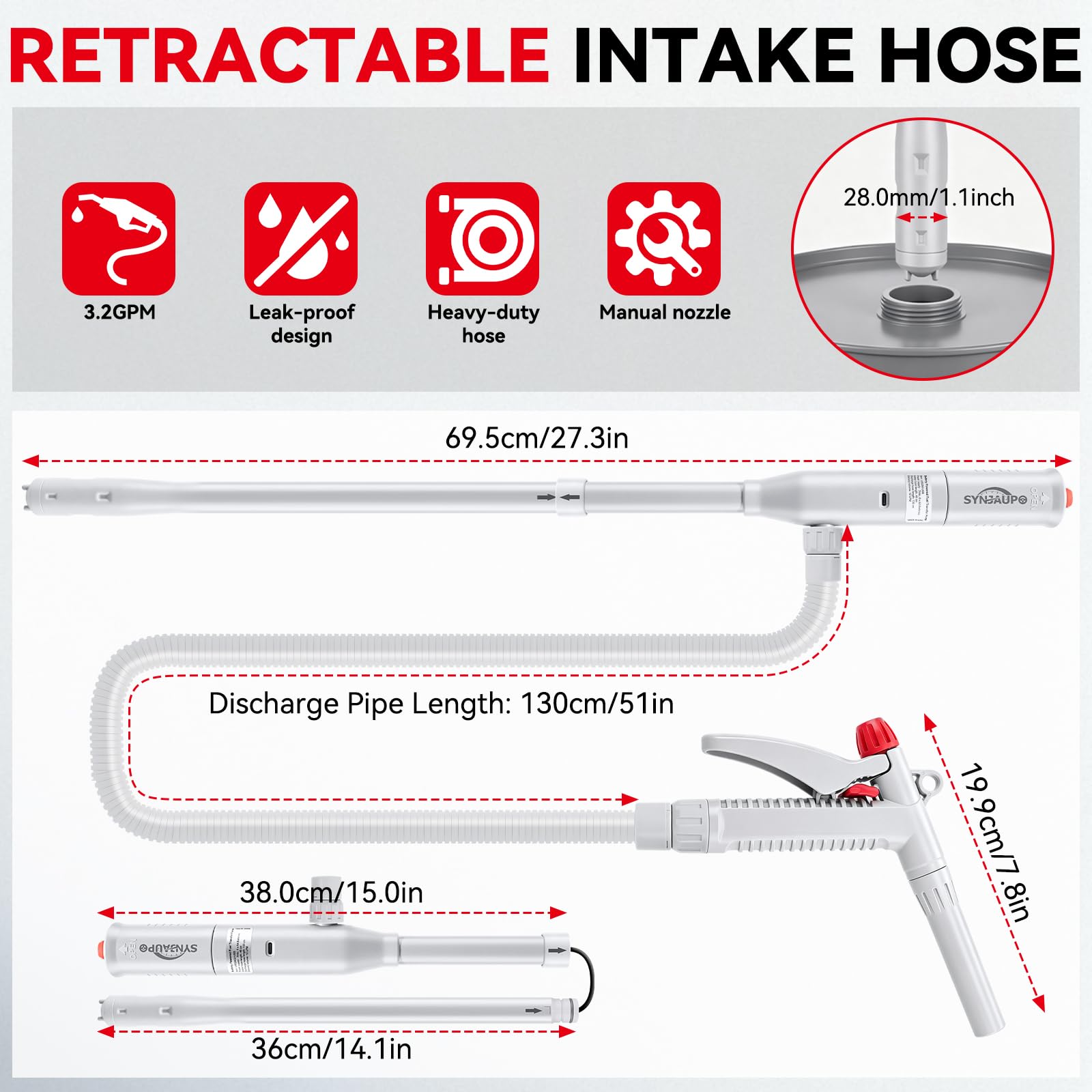 Pompa Elettrica per Carburante con Ugello manuale,12 L/Min | 3,2 GPM,ADoppia Alimentazione USB-C/AA,Ingresso Olio da 28 mm,Cavo di ricarica USB,Pieghevole,Tubo da 130 cm,Regolazione
