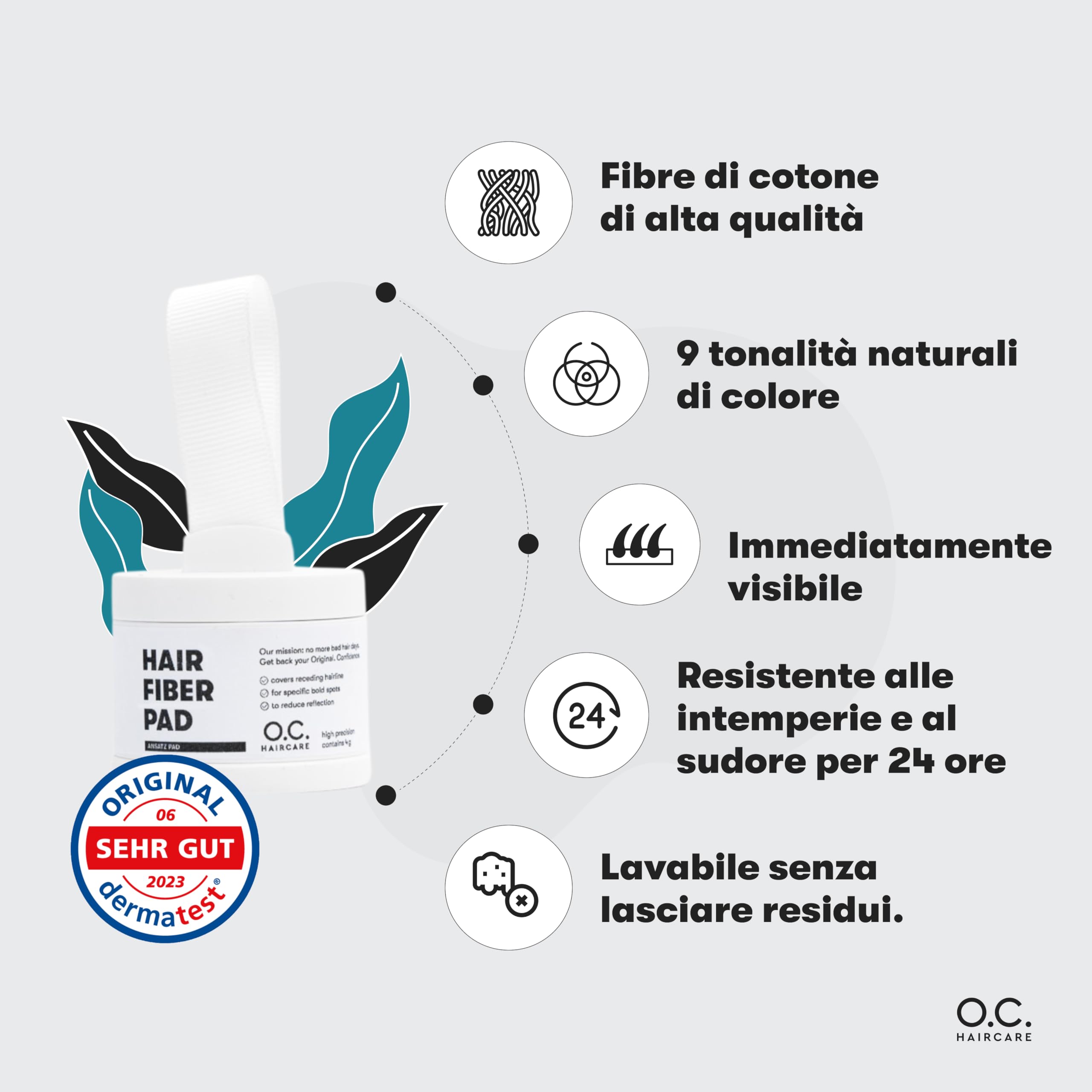 O.C. HAIRCARE Polvere per Radici per l'Ispessimento dei Capelli per Donne e Uomini - per Testa Segreta, Riga e Linea dei Capelli - Consigliato dai Saloni Leader - 9 Colori - Polvere per Capelli