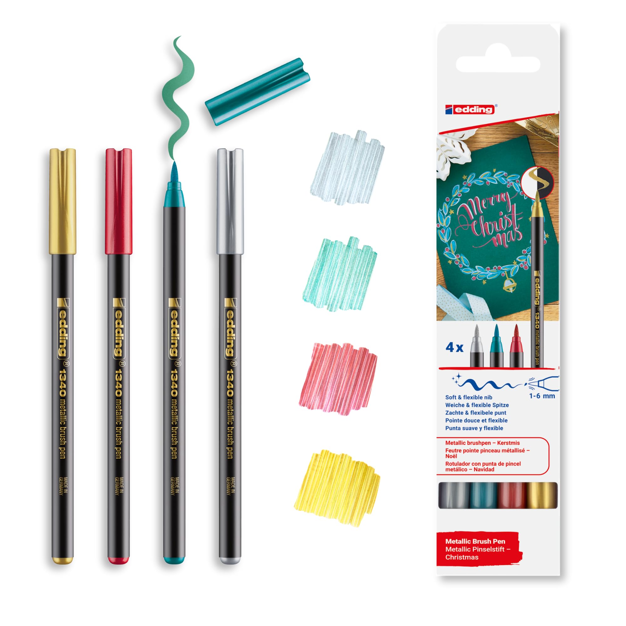edding 1340 metalik fırça uçlu keçeli kalem, 4 parlak renkli set, esnek fırça ucu
