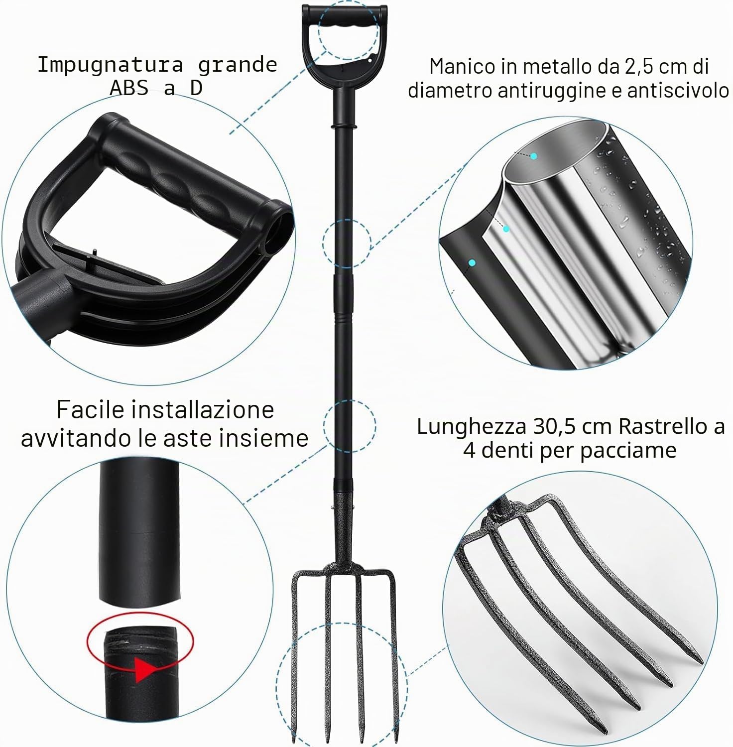 Forca per Vangare, 127cm Forca da Scavo da Giardino a 4 Denti in Acciaio con Manico a D in Metallo, Testa Forgiata 28cm, Ideale per Terreni Duri e Trapianti/Nero
