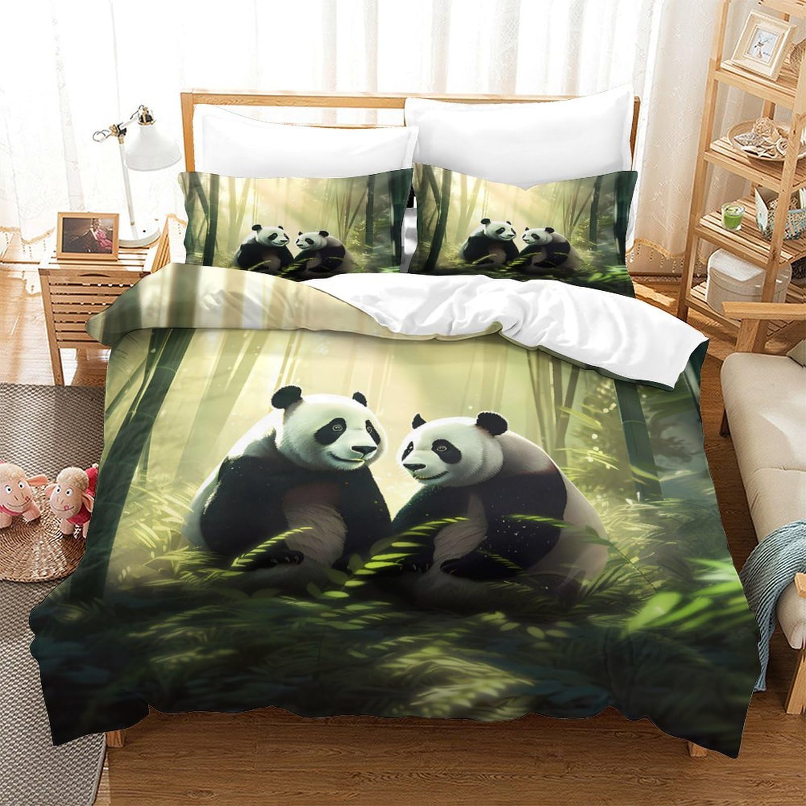 Panda-Pärchen 3D-Druck 3er-Set Steppbezug Waldszene-Kunst Bettdeckenbezug Mikrofaser Reißverschluss Atmungsaktiv für Jungen Kinder Frauen Super King（260x220cm）