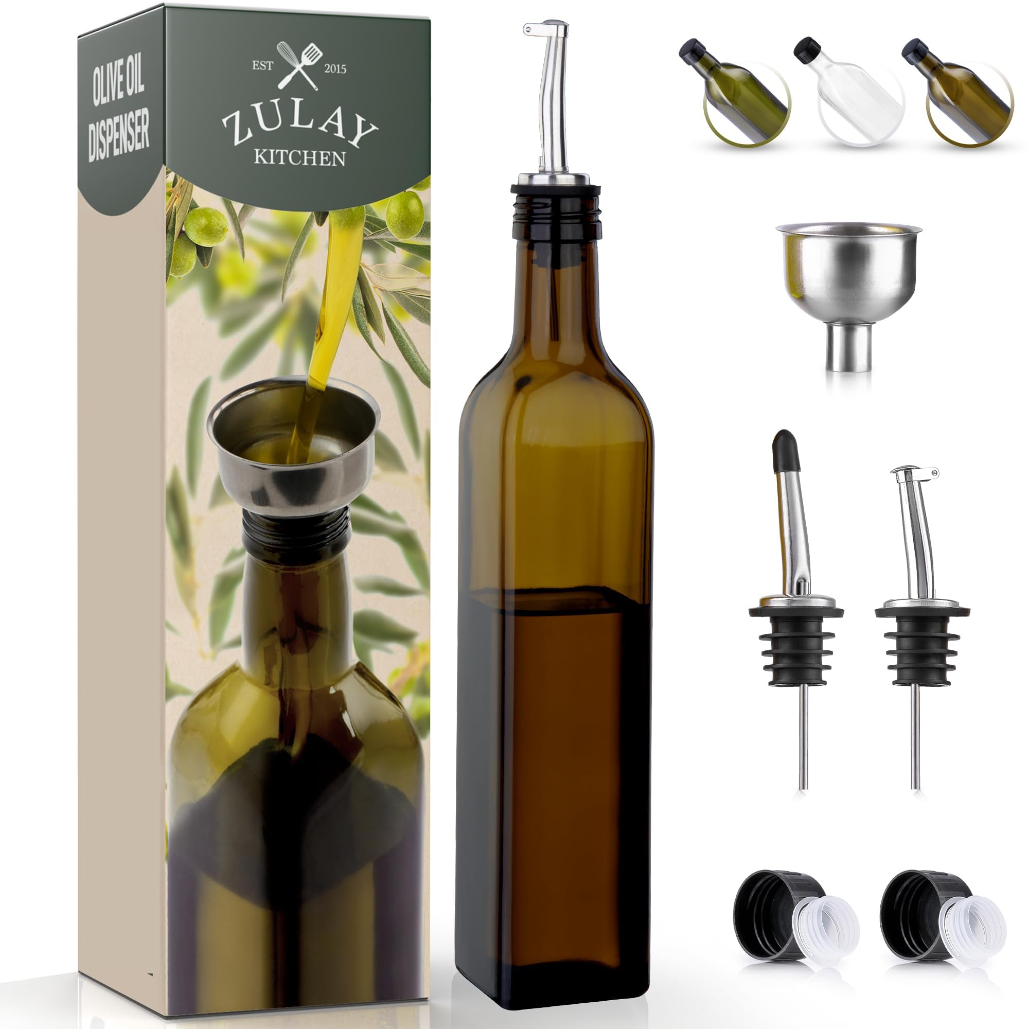Zulay Olivenöl flasche für die Küche – Glas-Olivenöl-Spender-Flasche mit 2 Ausgießern, 2 abnehmbaren Korken, 2 Kappen und 1 Trichter – Ölflasche für Küche & Aufbewahrung von Flüssigkeiten