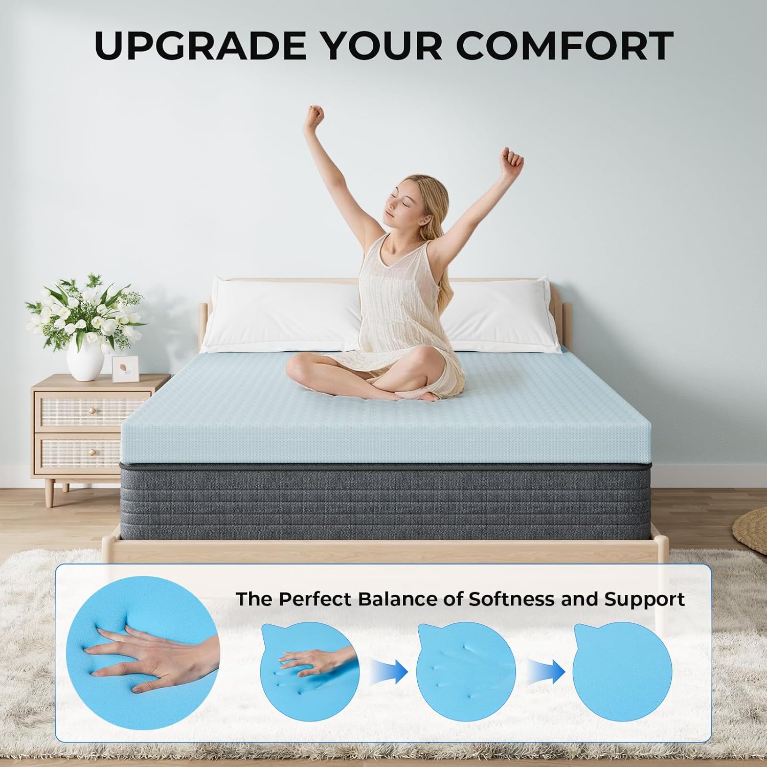 OhGeni Memory Foam Mattress Topper Pad, Soft Bed Cover with Anti-Slip Base, Size King, Style 3 Inch with Cover